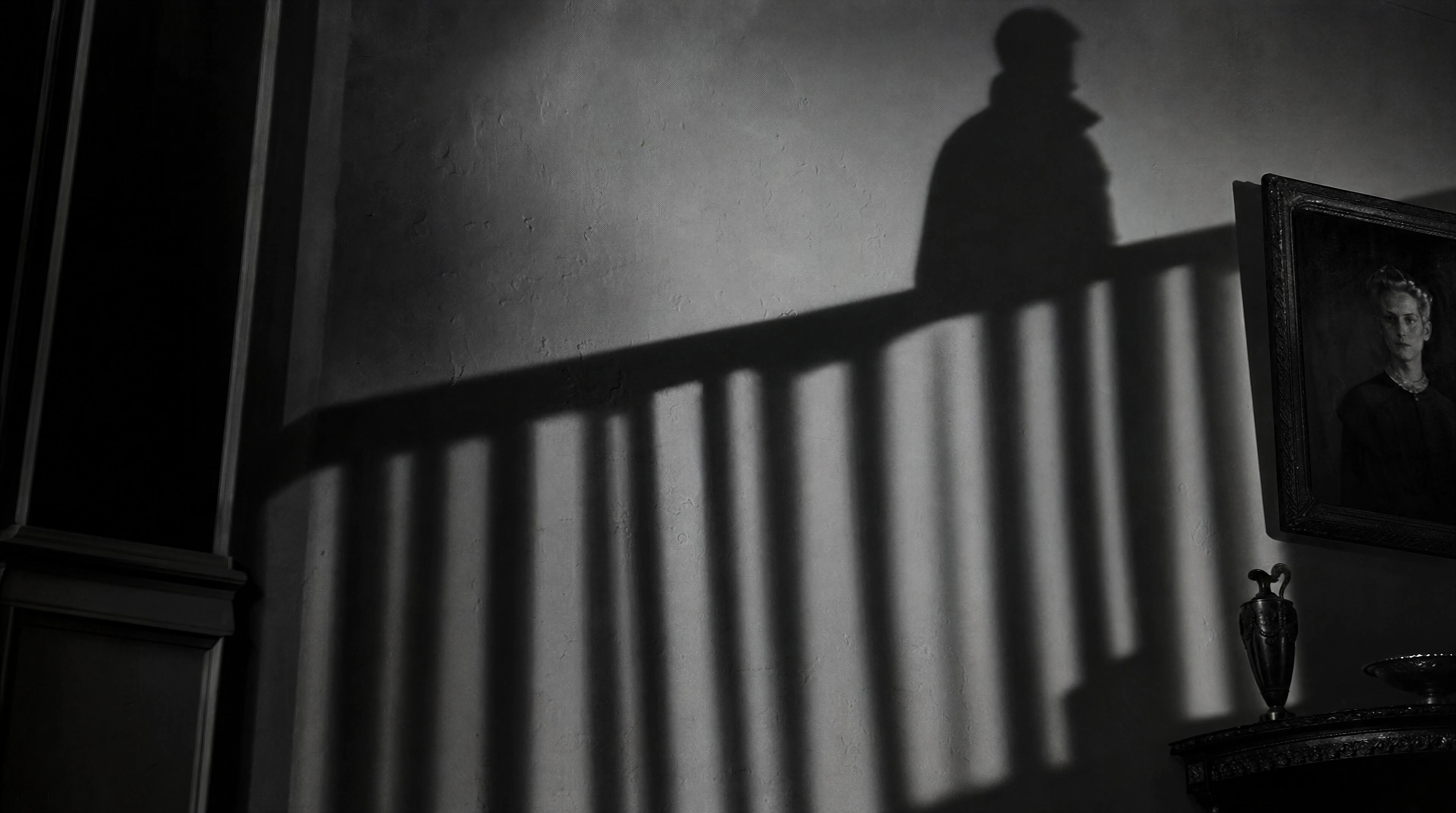A shadow climbing the staircase wall