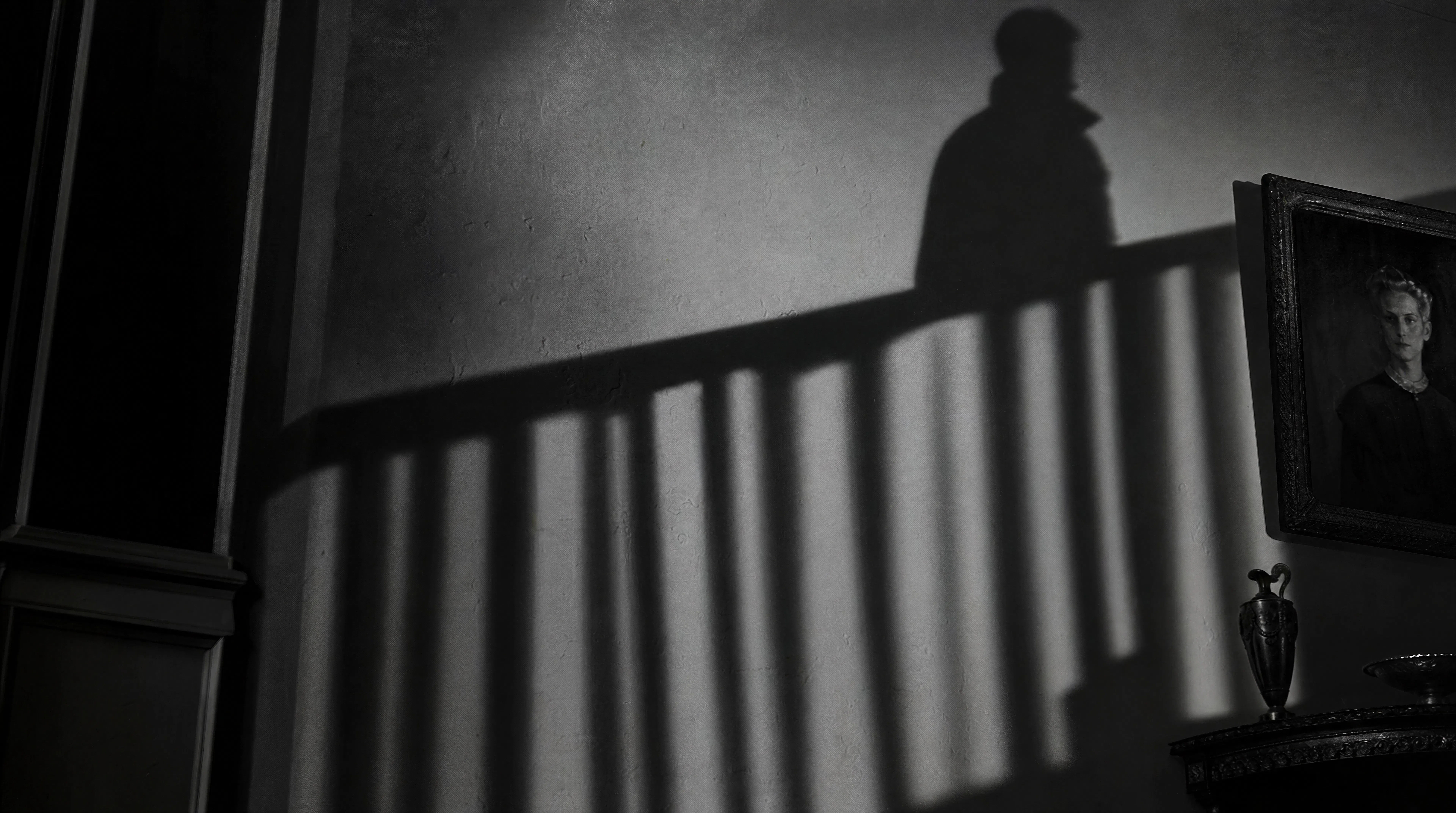 A shadow climbing the staircase wall