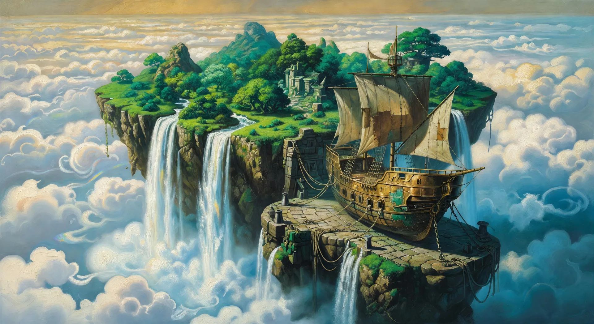 Floating sky island with airship