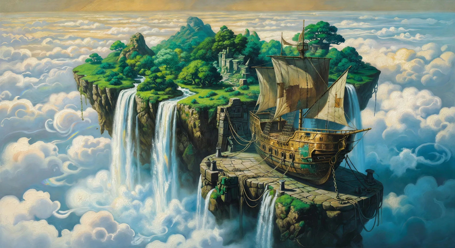 Floating sky island with airship