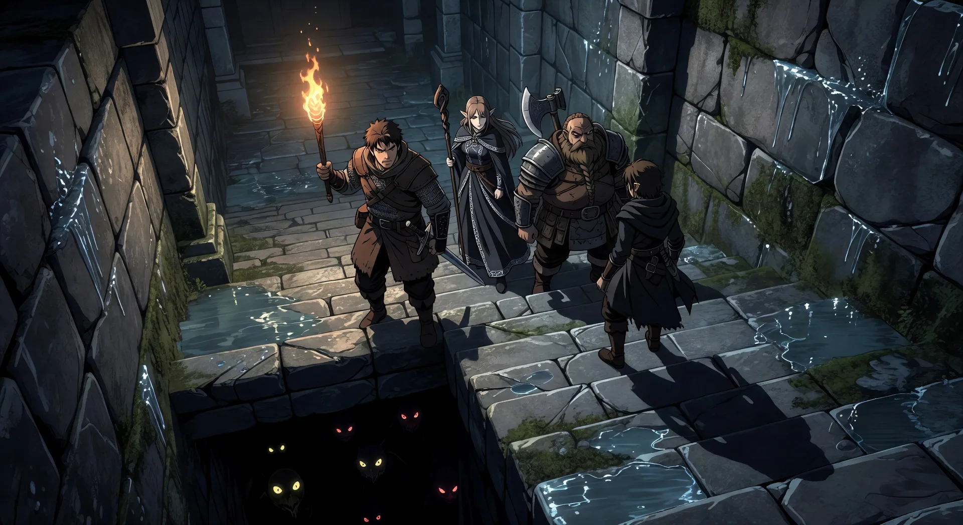 Dungeon descent with torchlight