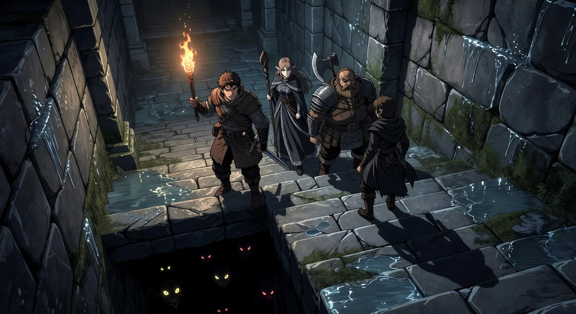 Descida à masmorra com luz de tocha