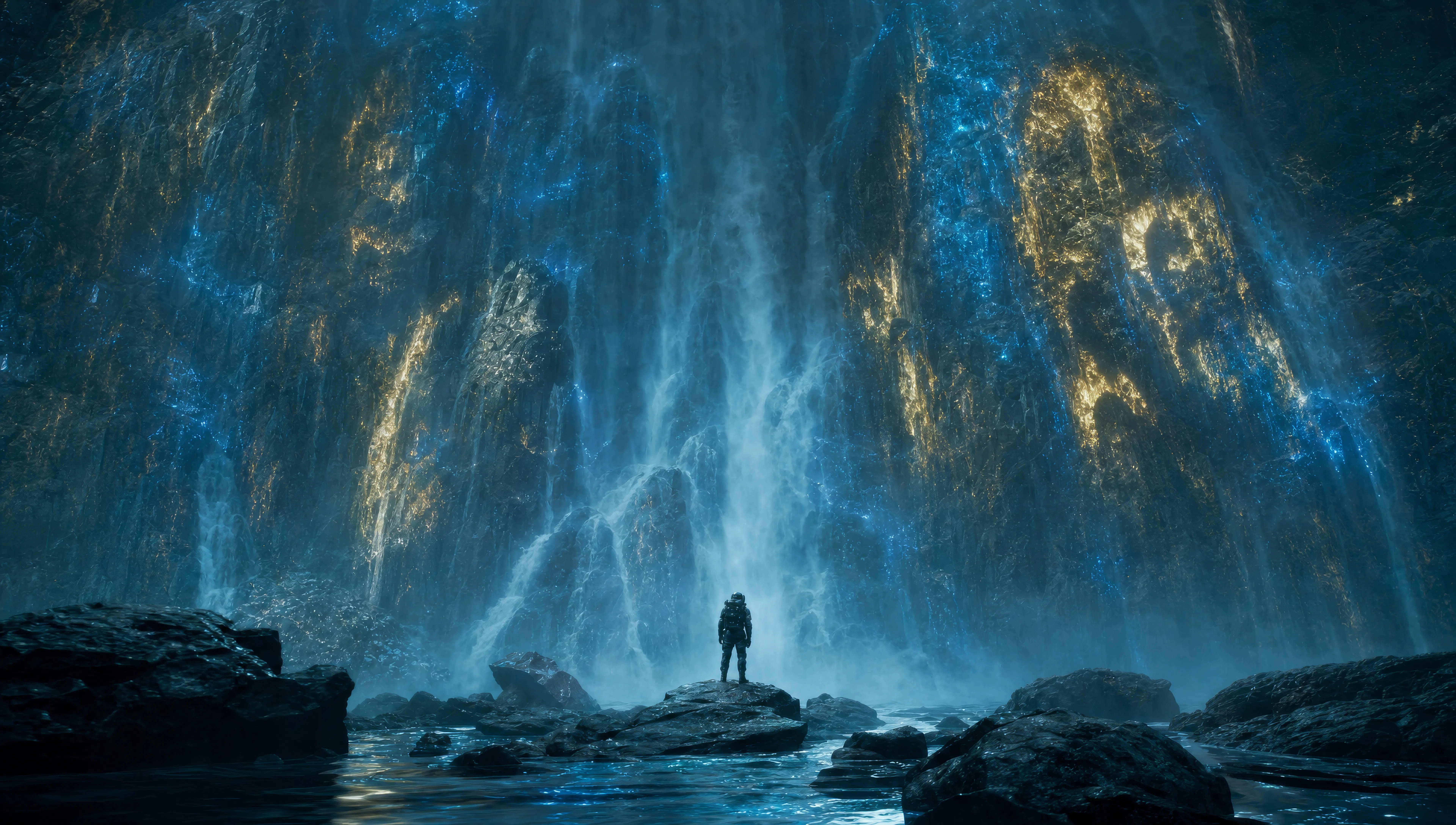 Bioluminescent waterfall first contact