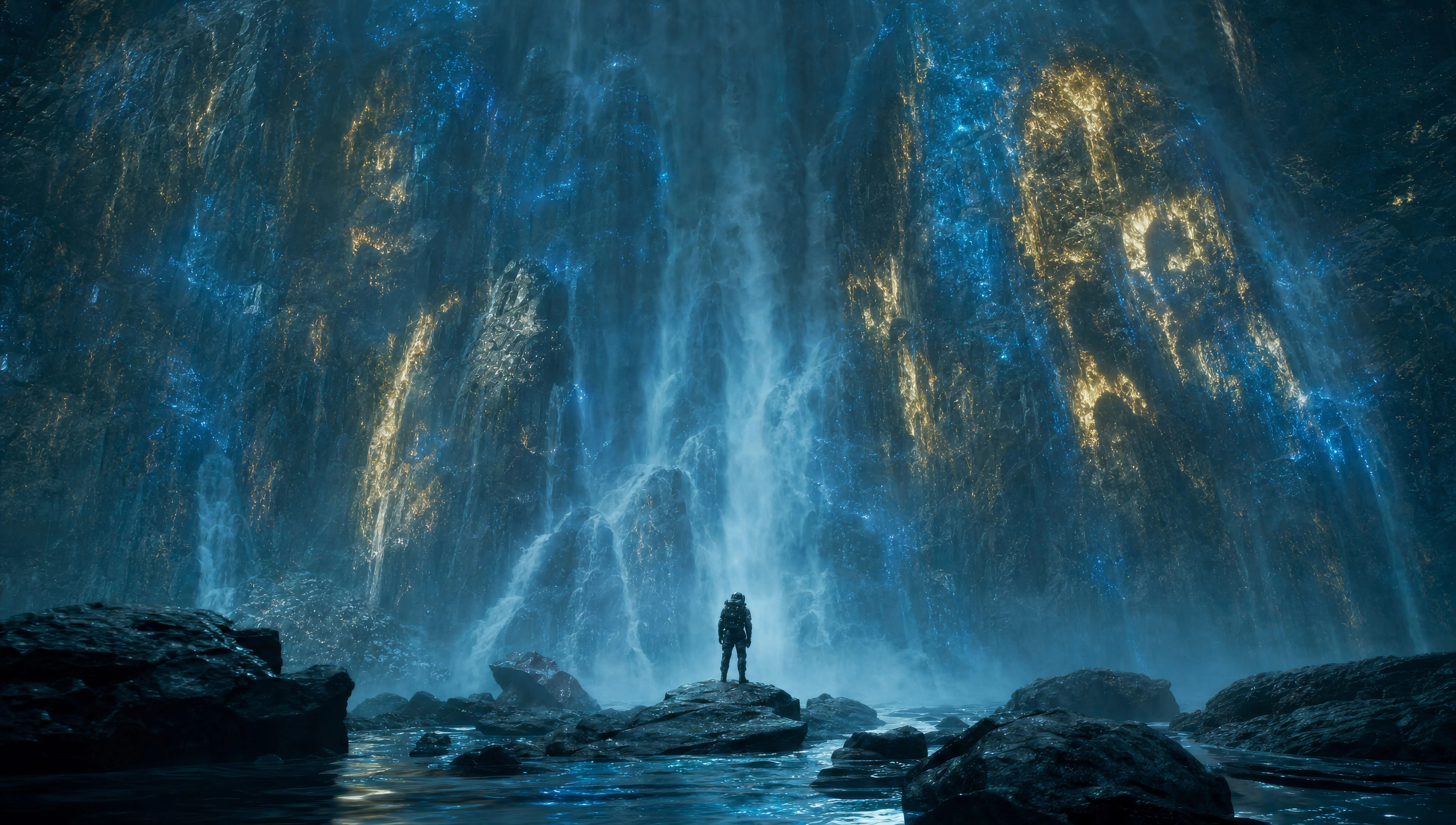 Bioluminescent waterfall first contact