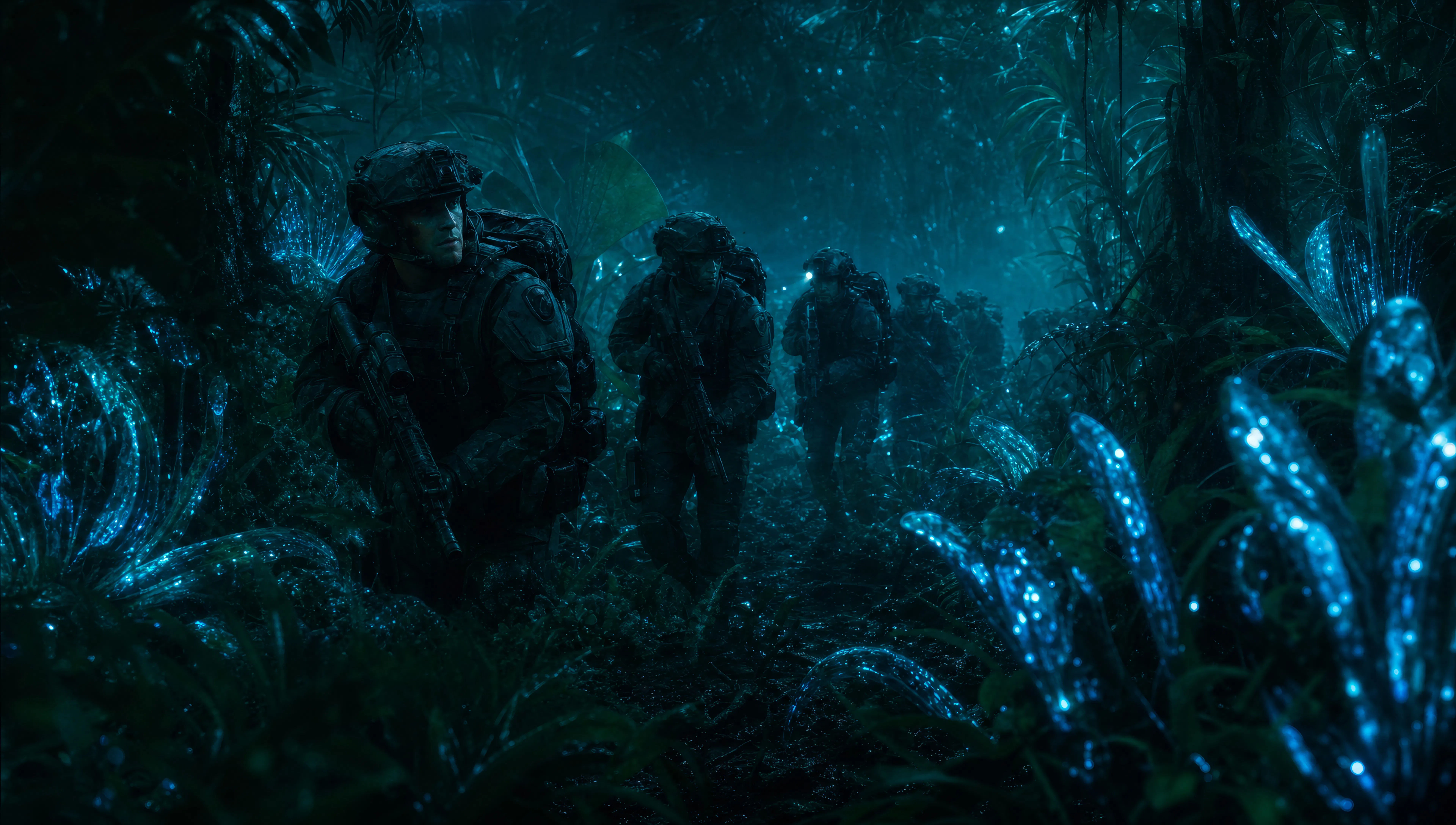 Marine platoon in phosphorescent jungle