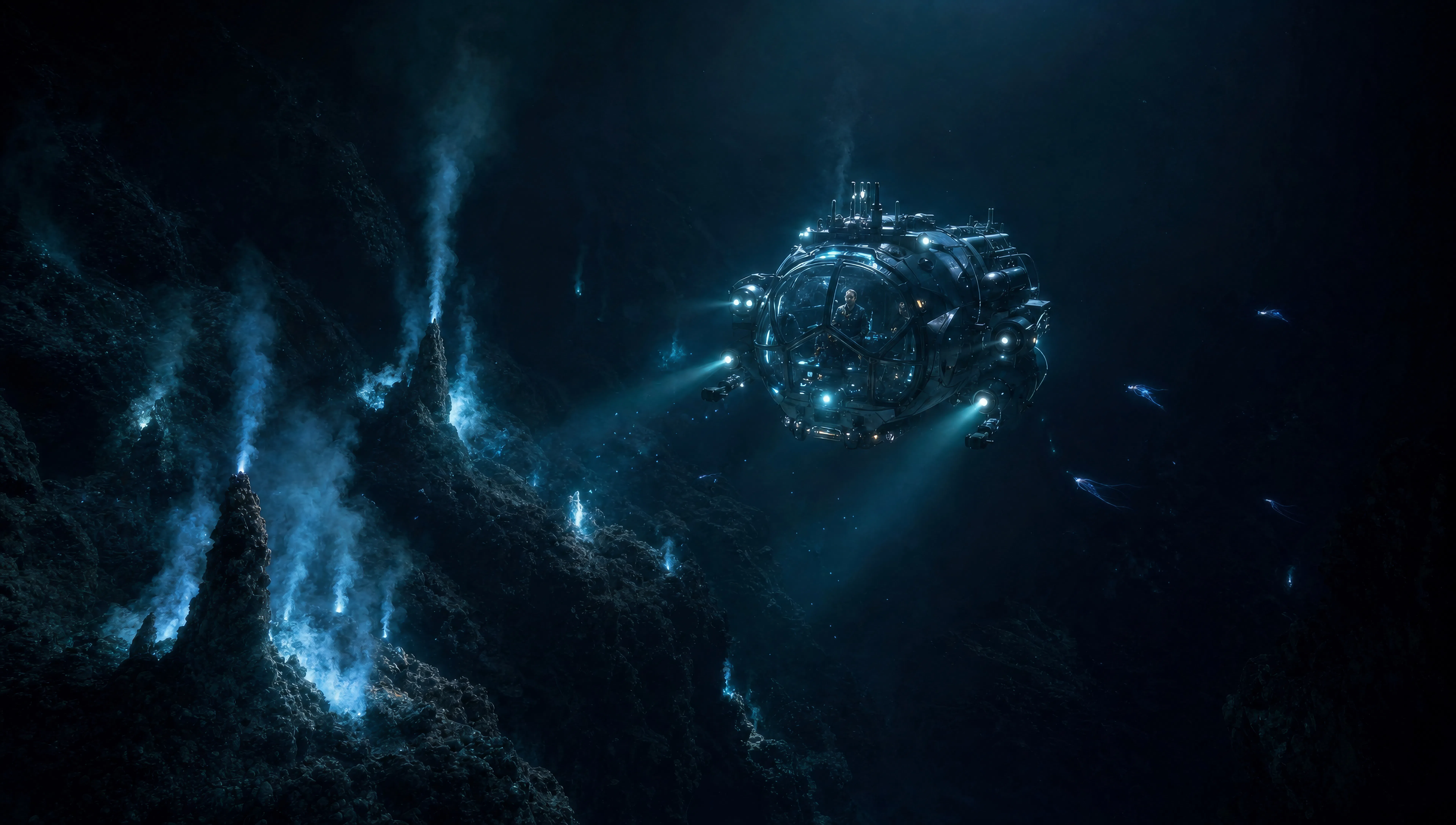 Submersible descent past bioluminescent vents