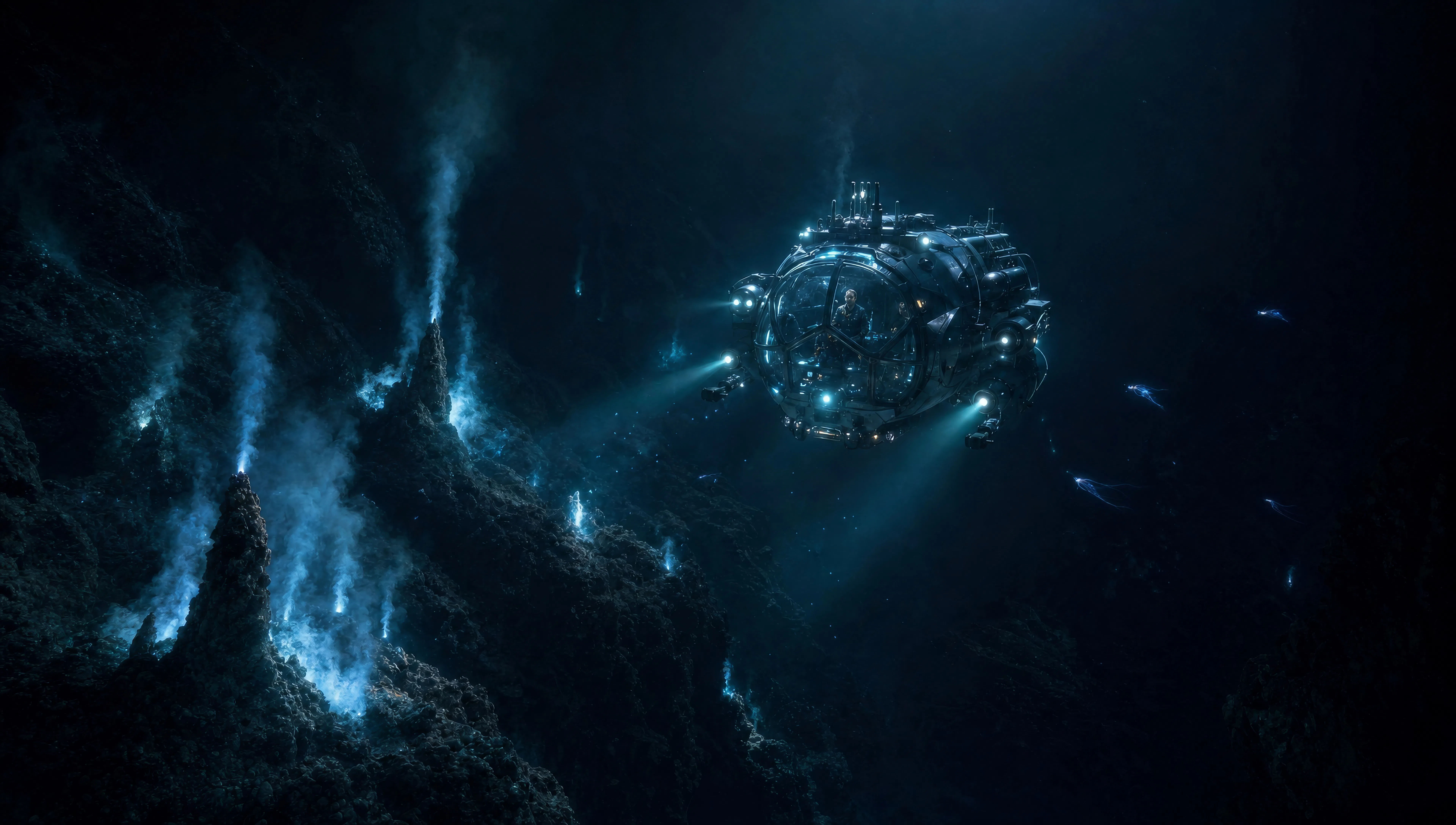Submersible descent past bioluminescent vents