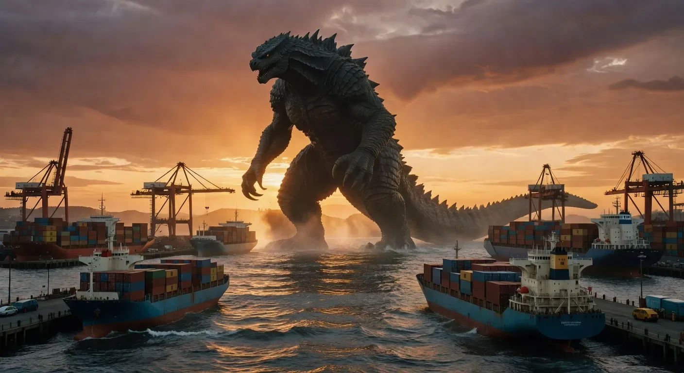 Kaiju dominante invade um porto ao entardecer