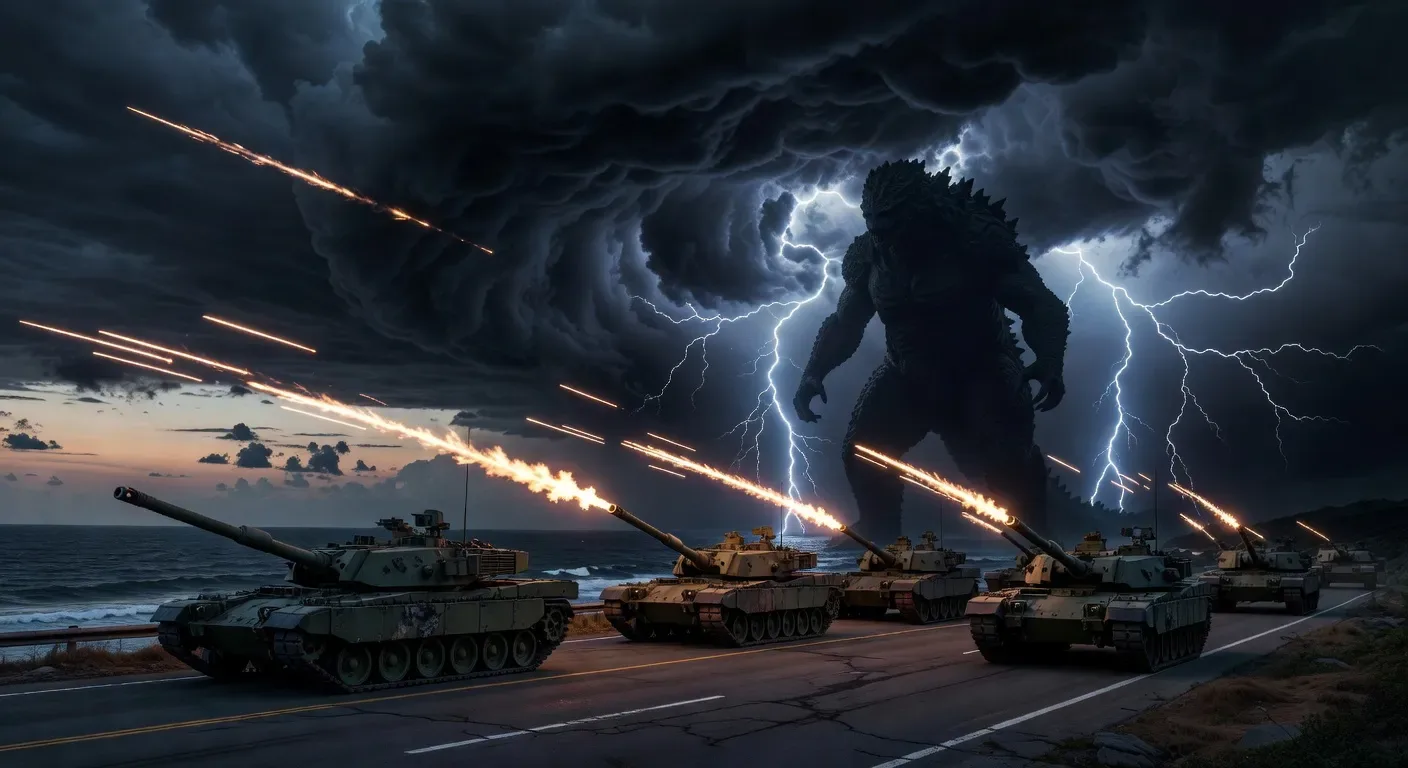 JSDF tank line firing into a storm-front