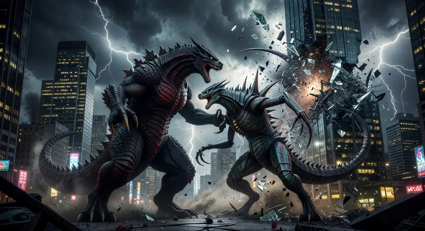 Kaiju-versus-kaiju duel collapsing a skyline