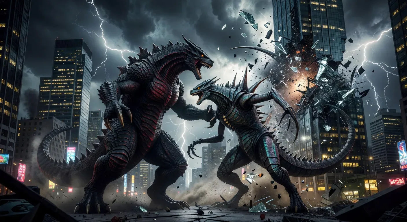 Duelo de kaiju contra kaiju derrubando um horizonte