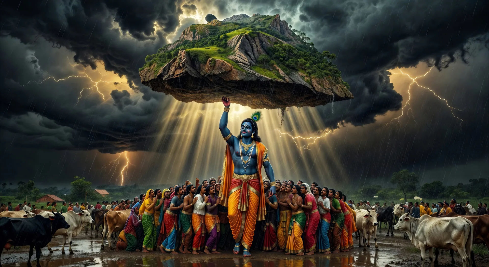 Krishna levanta la colina Govardhan