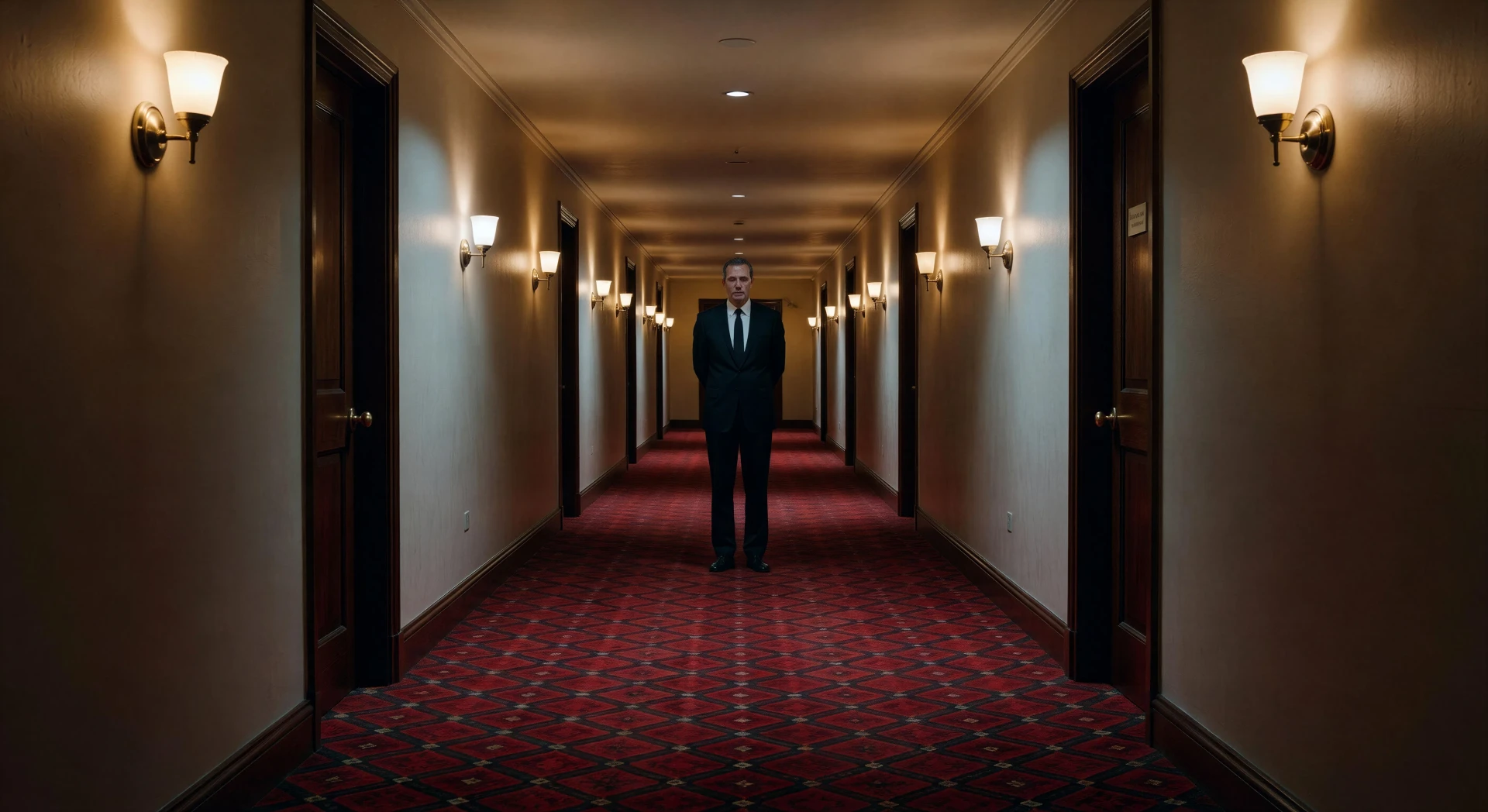 Endless red-carpet hotel corridor