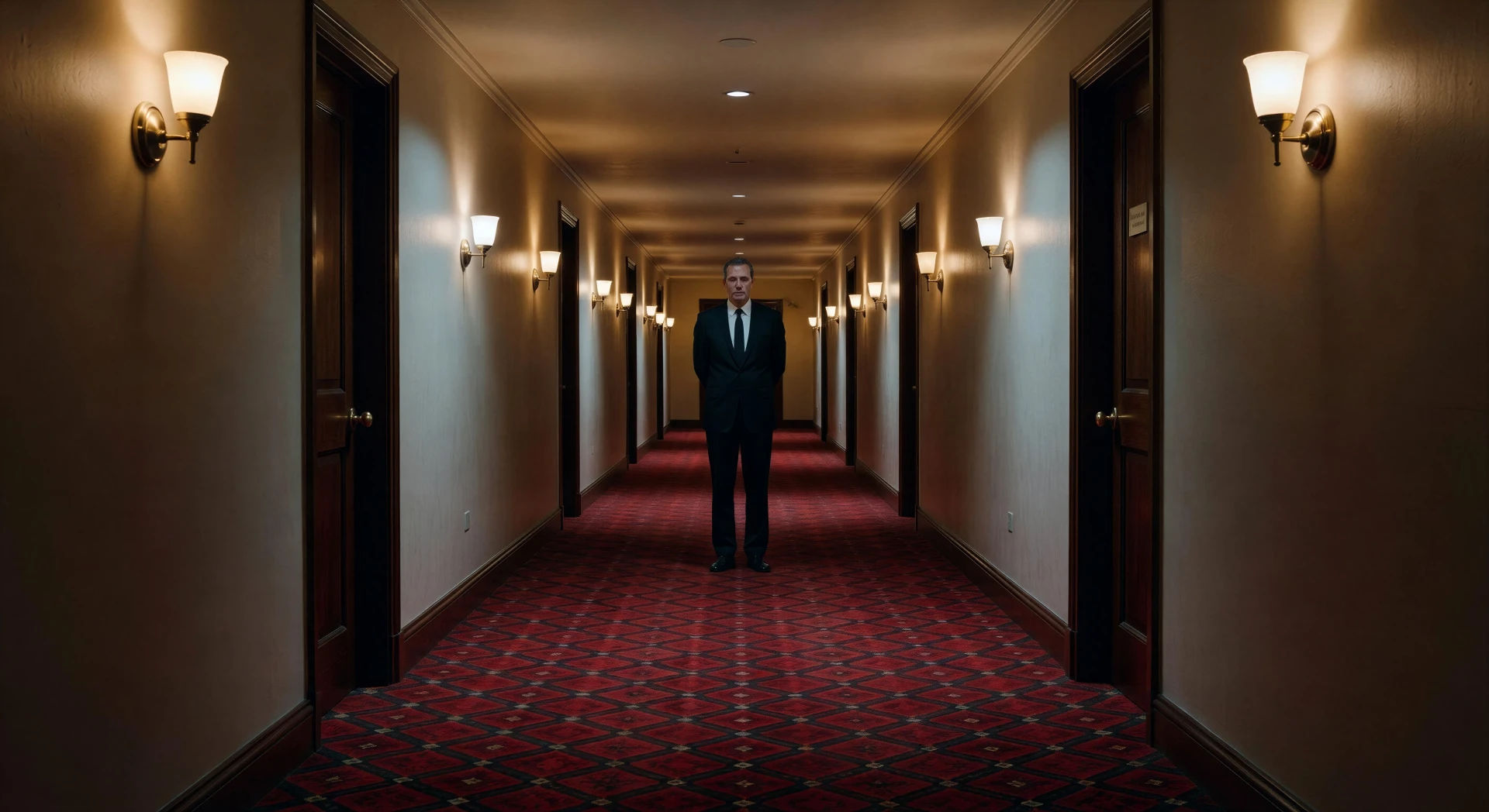 Endless red-carpet hotel corridor