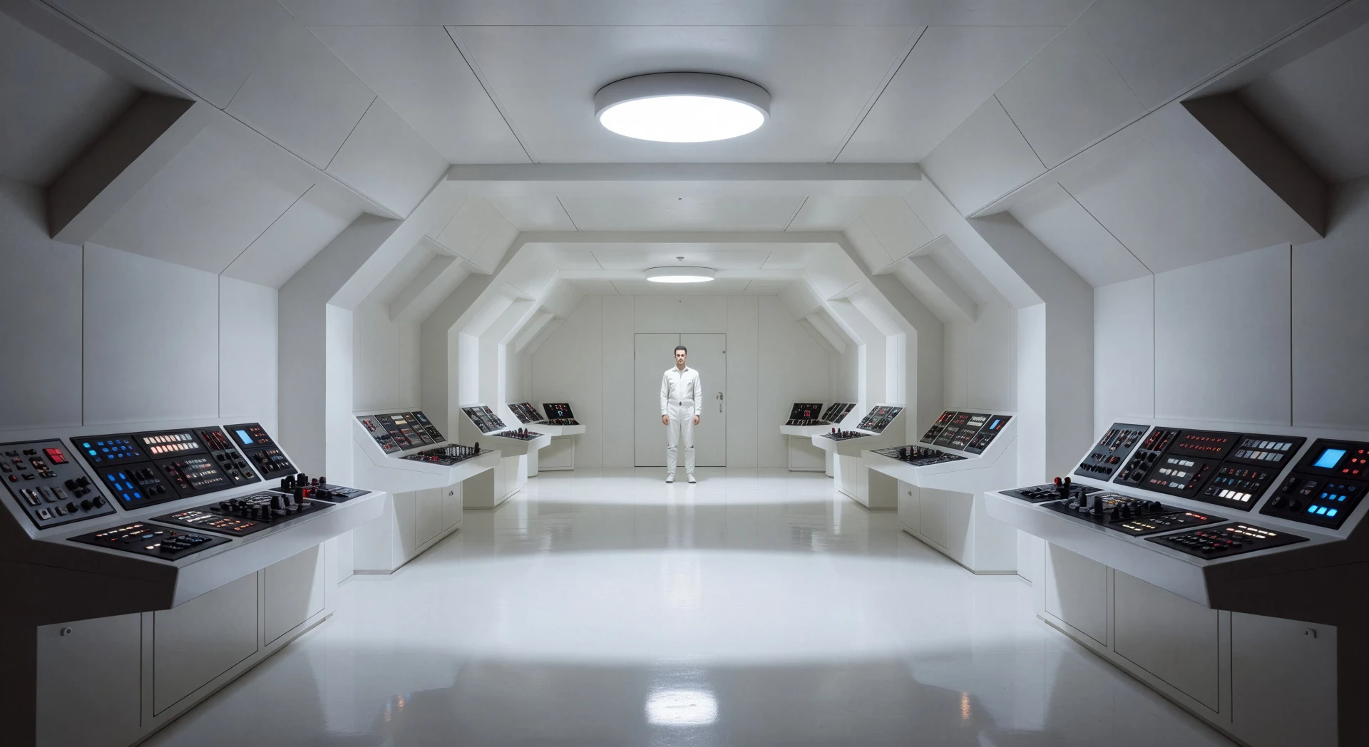Sterile spaceship cabin under one circular lamp