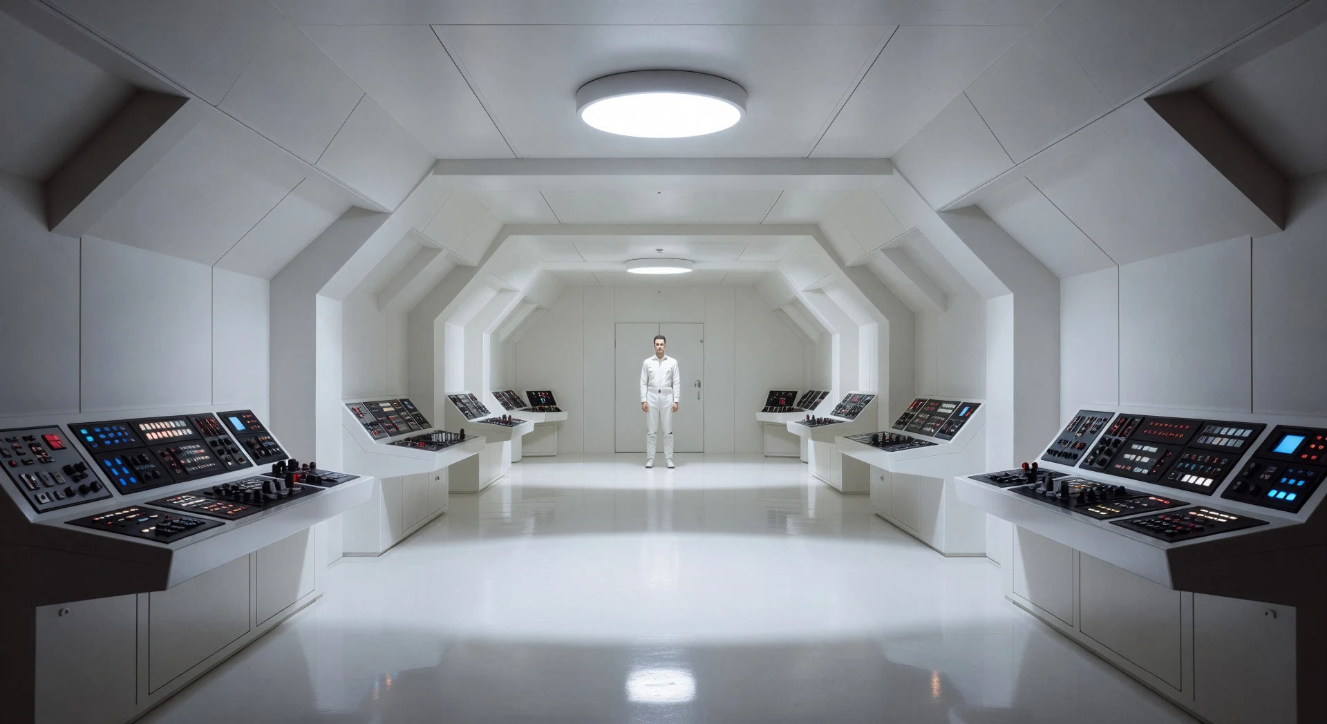 Sterile spaceship cabin under one circular lamp