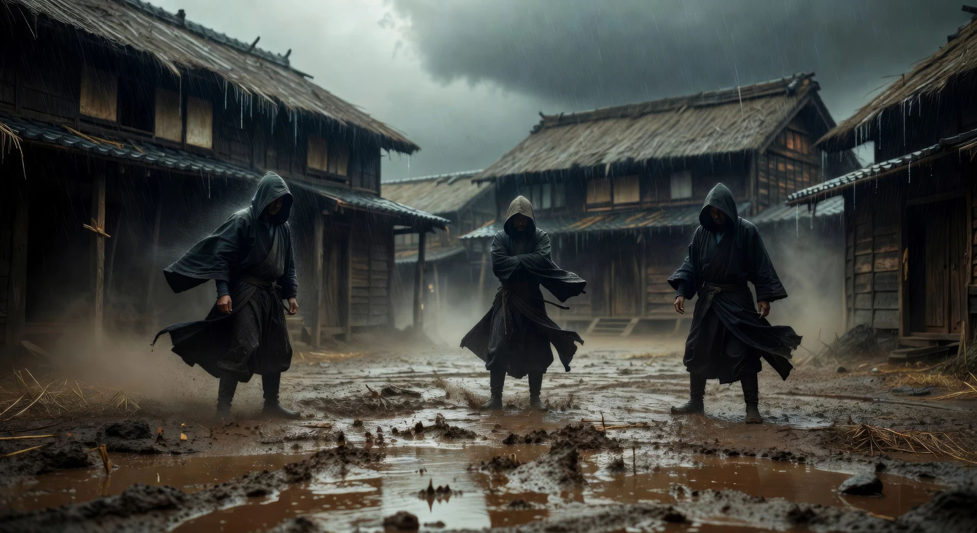 Rain-soaked village square at dawn