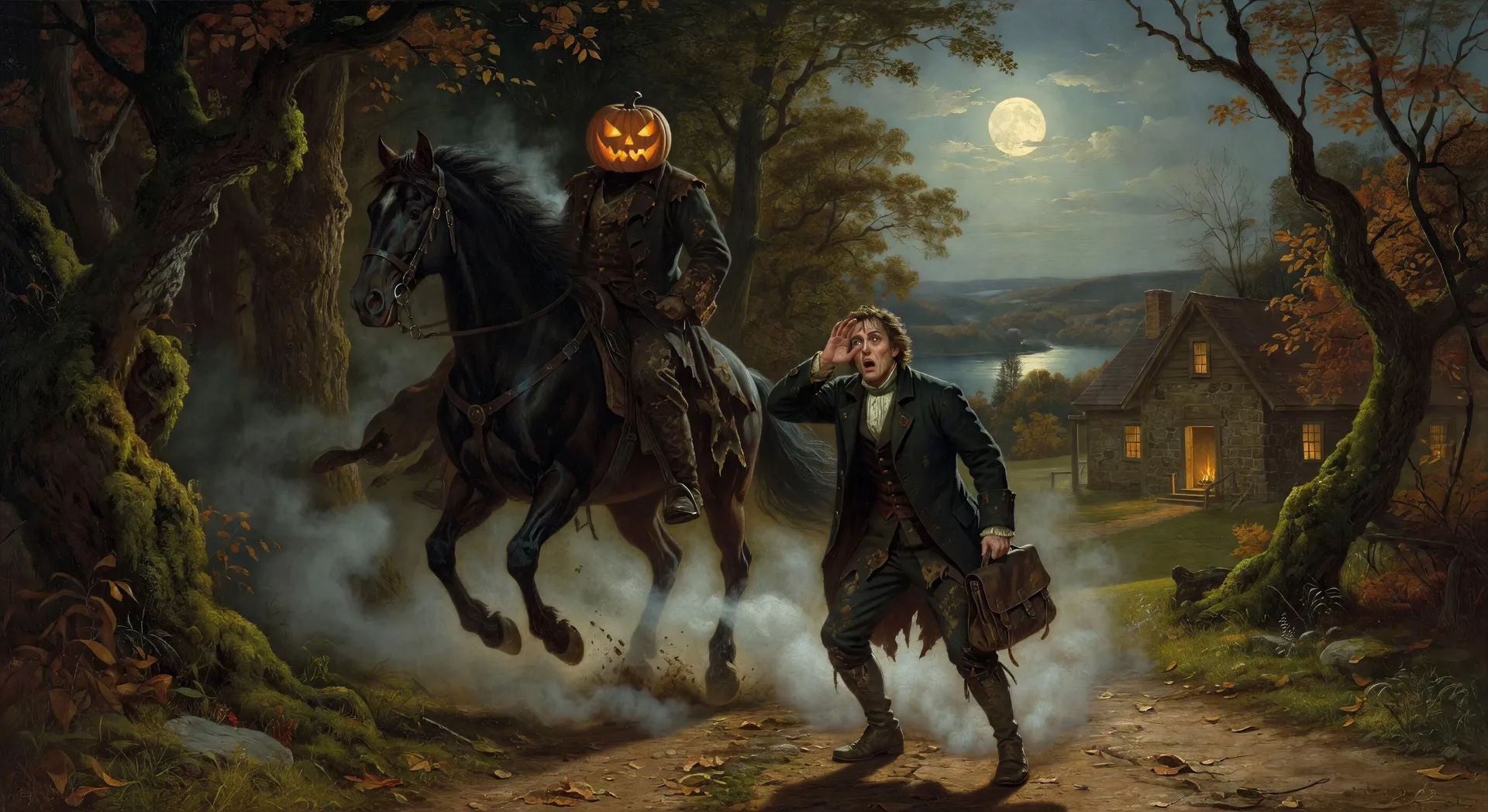 The Headless Horseman emerges from the trees