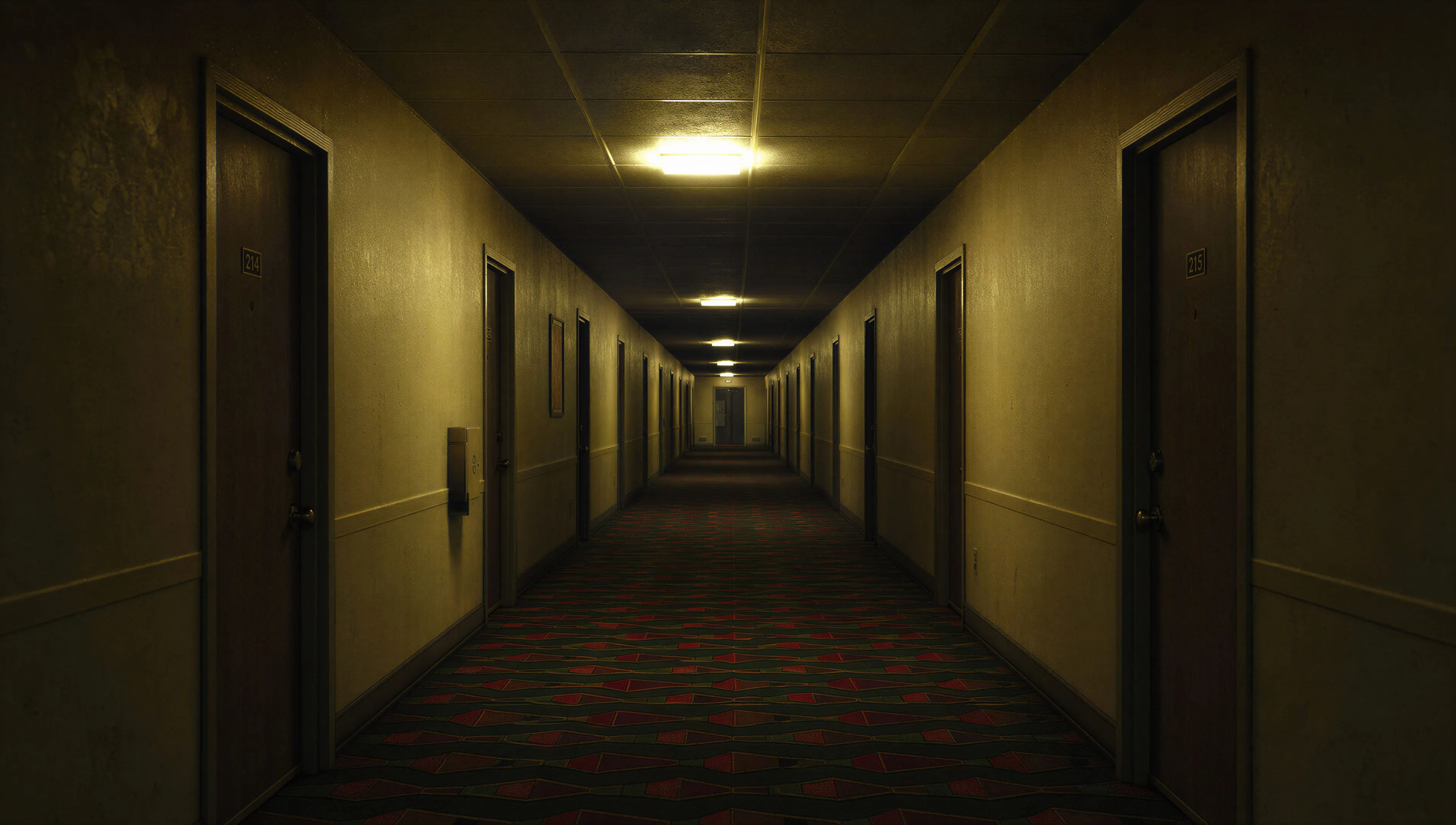 Corredor de motel com carpete estampado