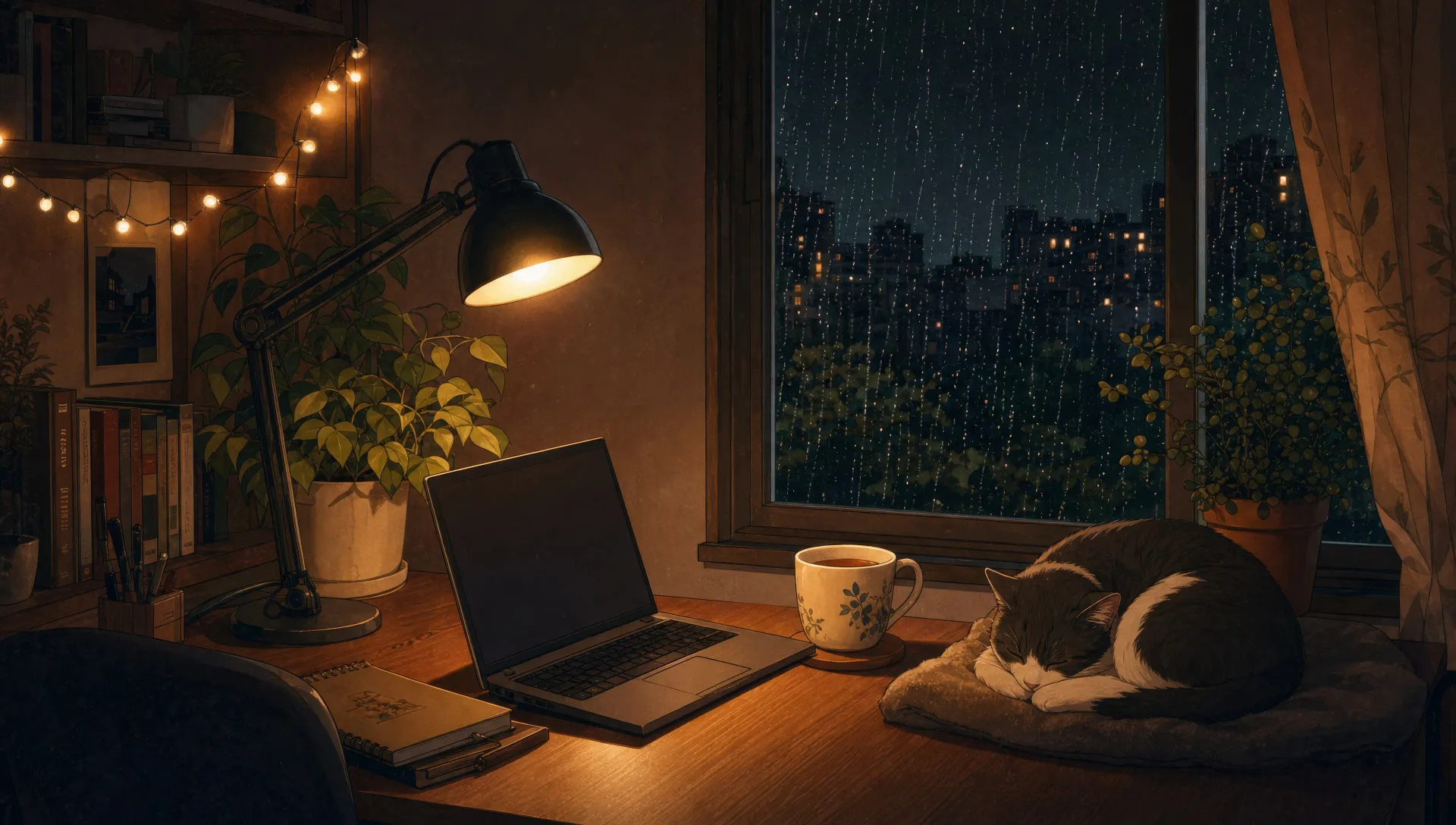 Rain-streaked bedroom desk at night