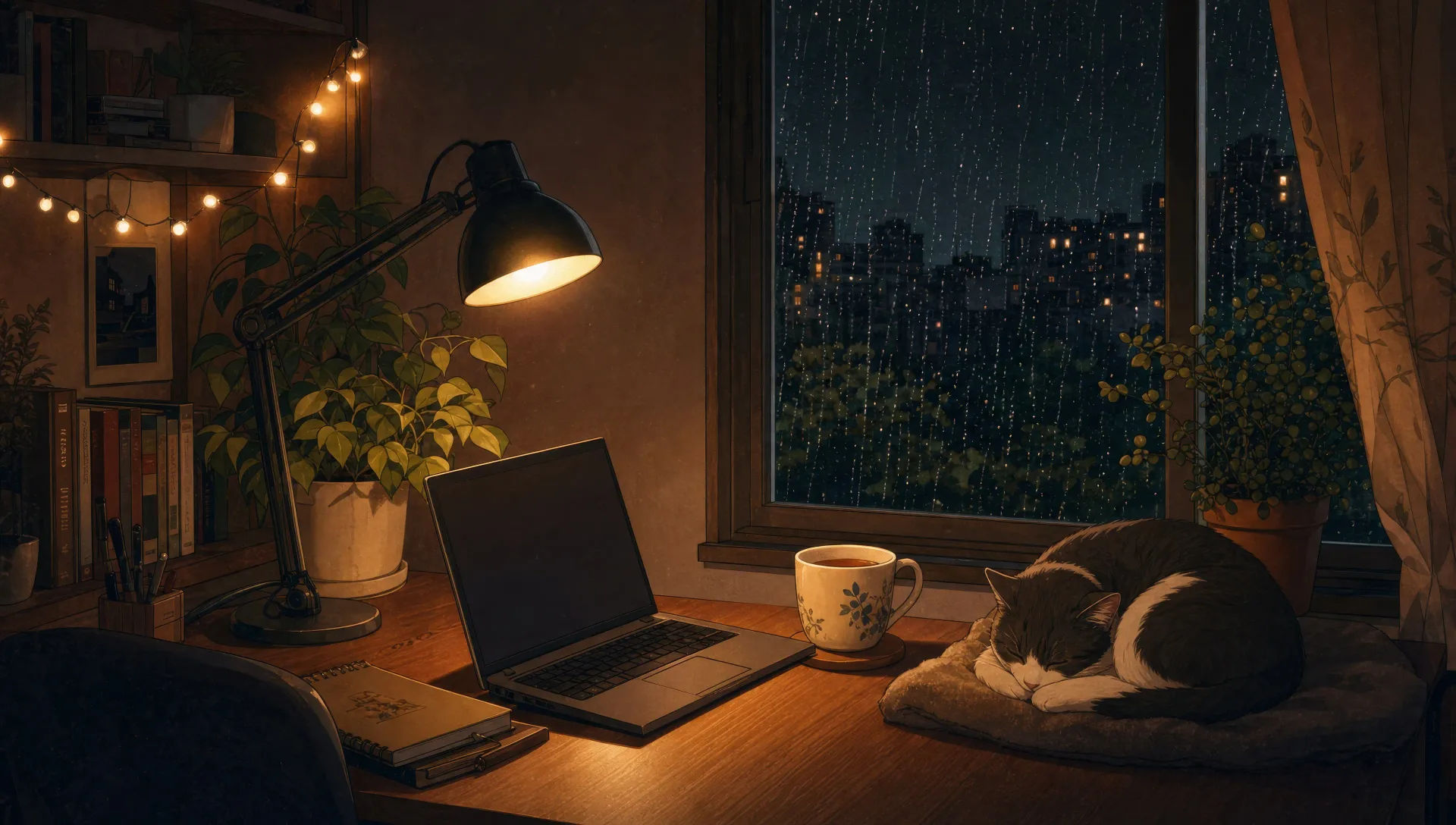 Rain-streaked bedroom desk at night