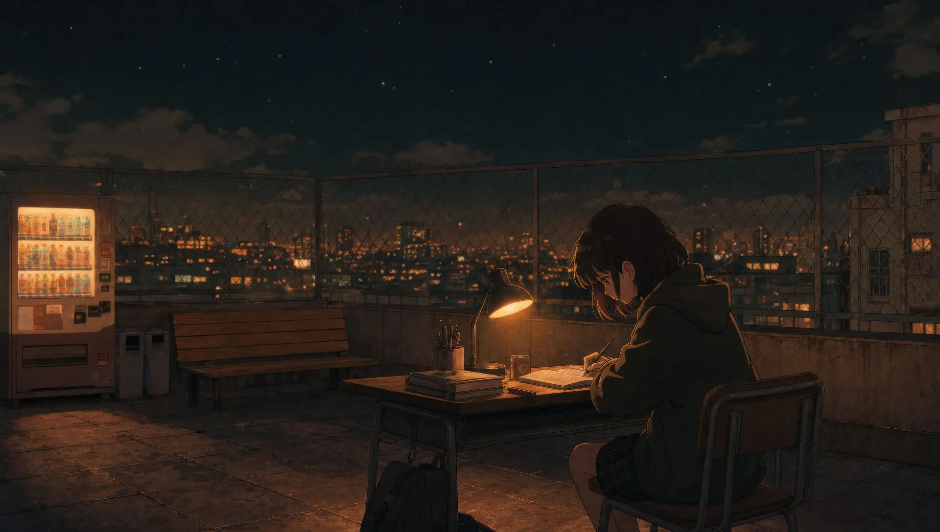 Rooftop under city lights