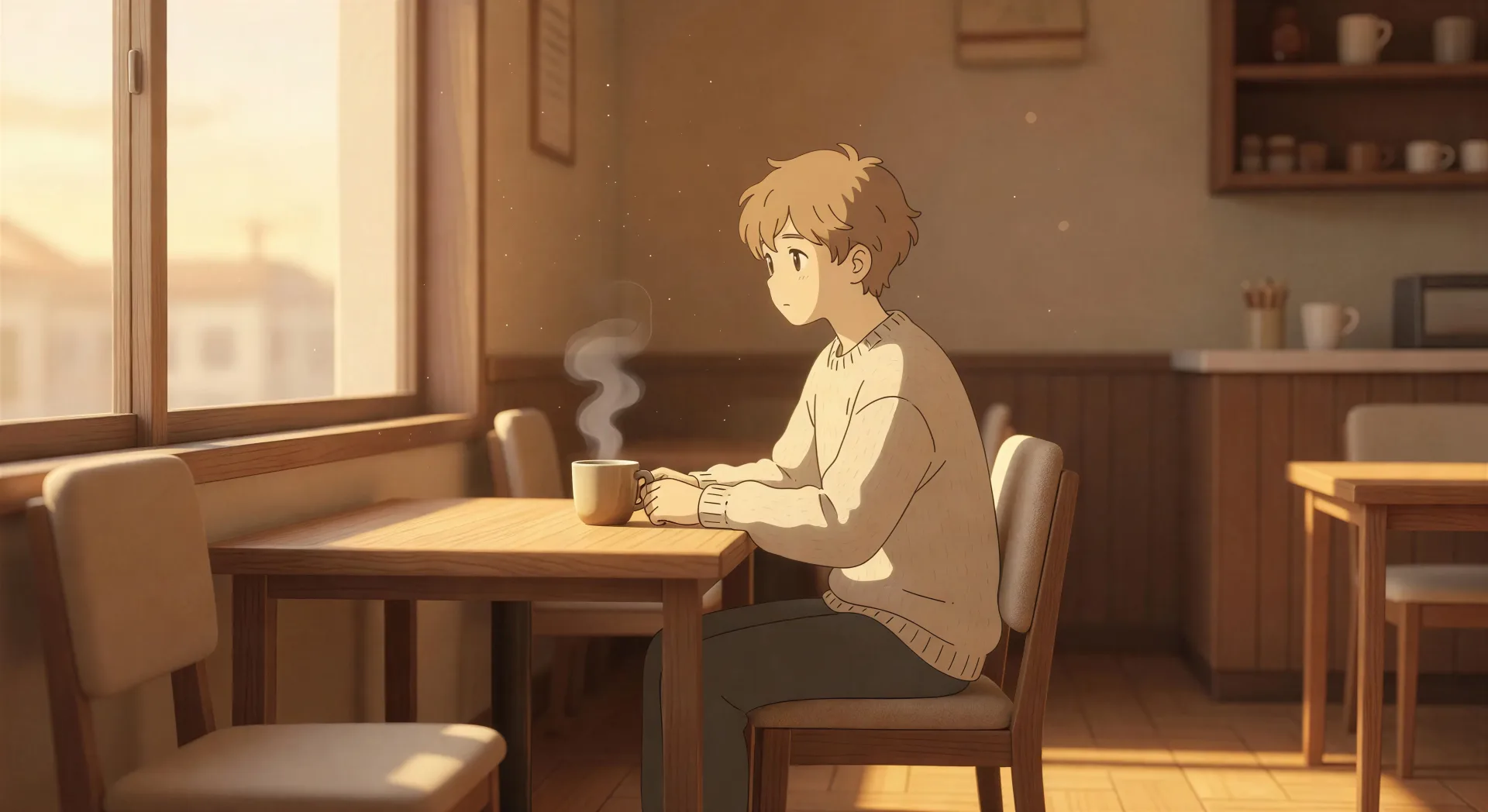 Coffee shop interior at golden hour