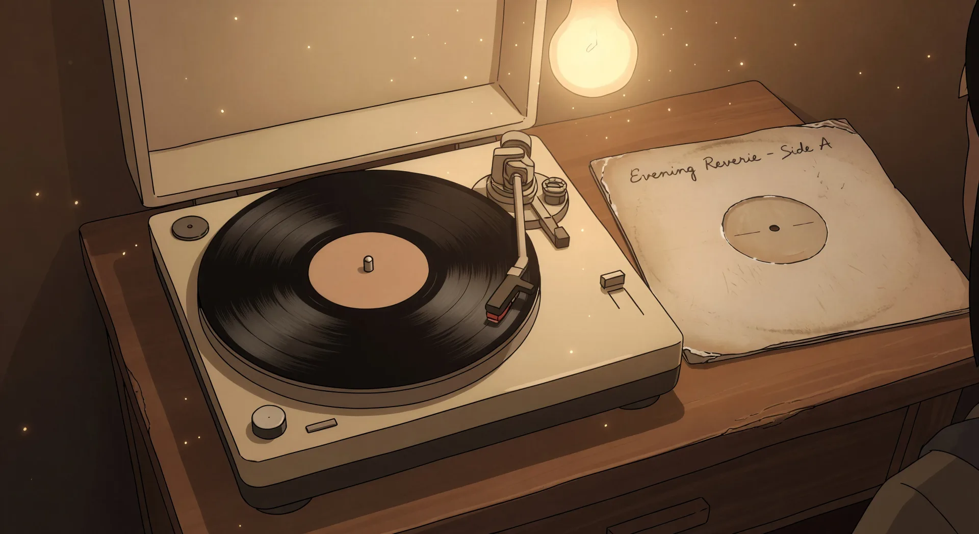 Vinyl spinning under lamplight