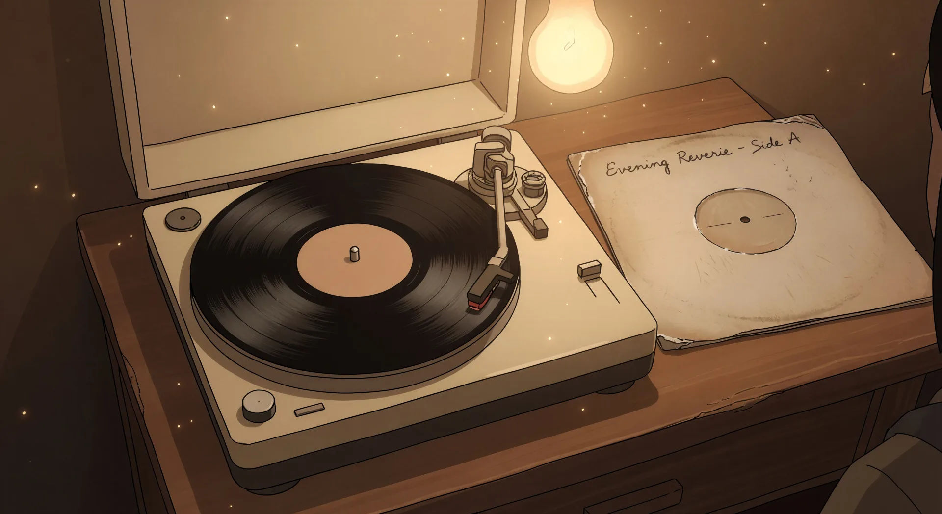 Vinyl spinning under lamplight