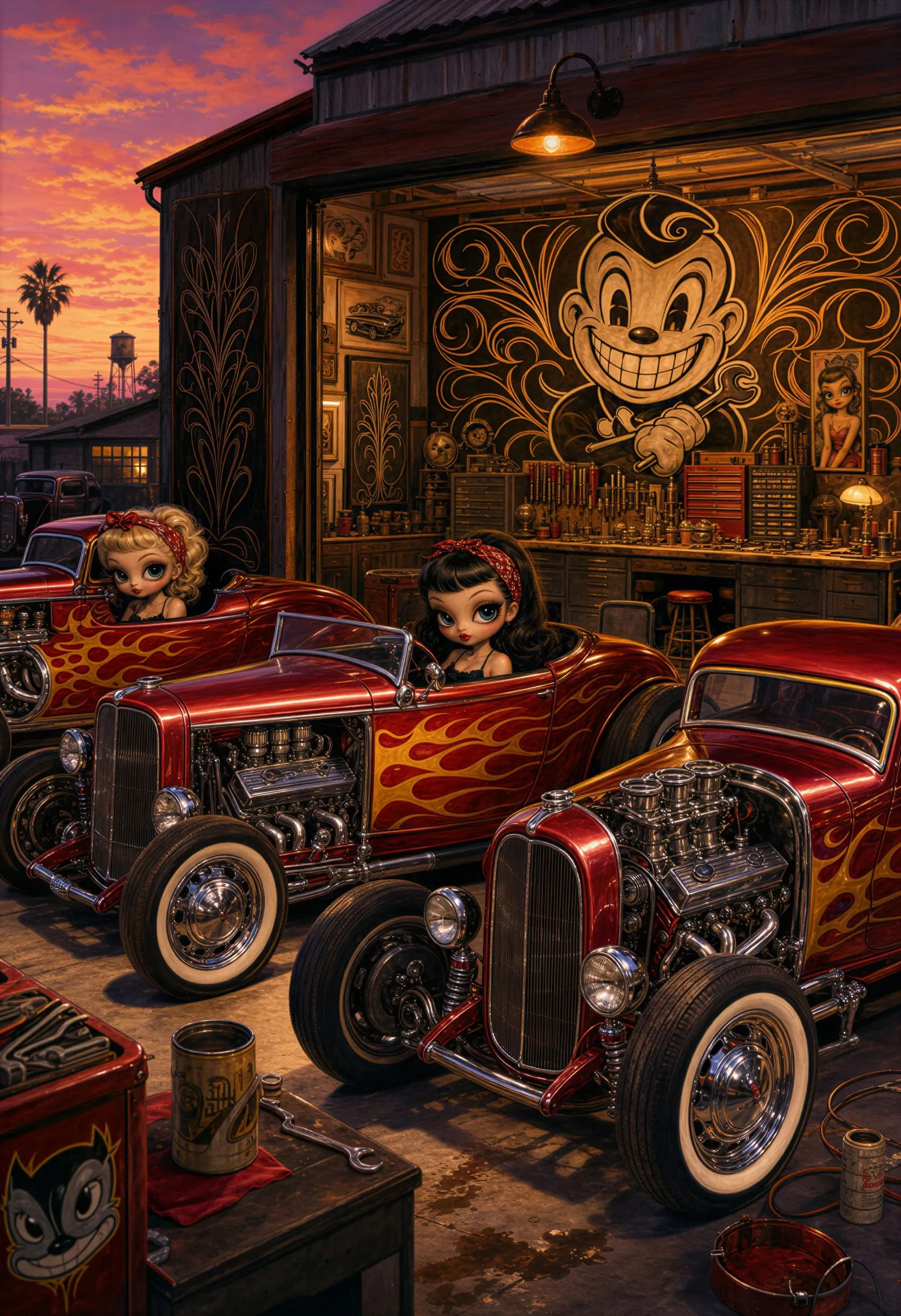 Kustom Kulture garage at dusk