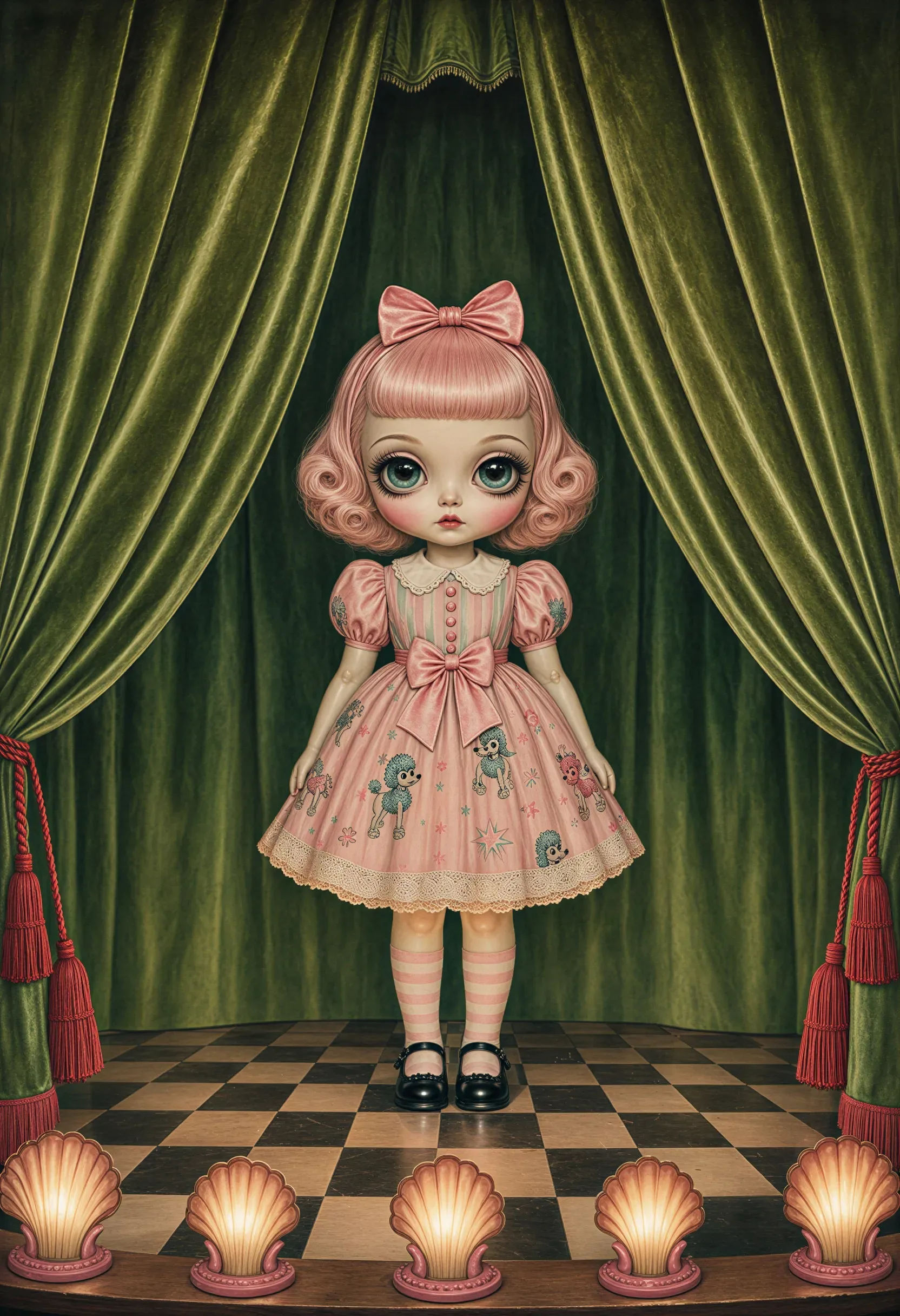 Old velvet stage with a single doll