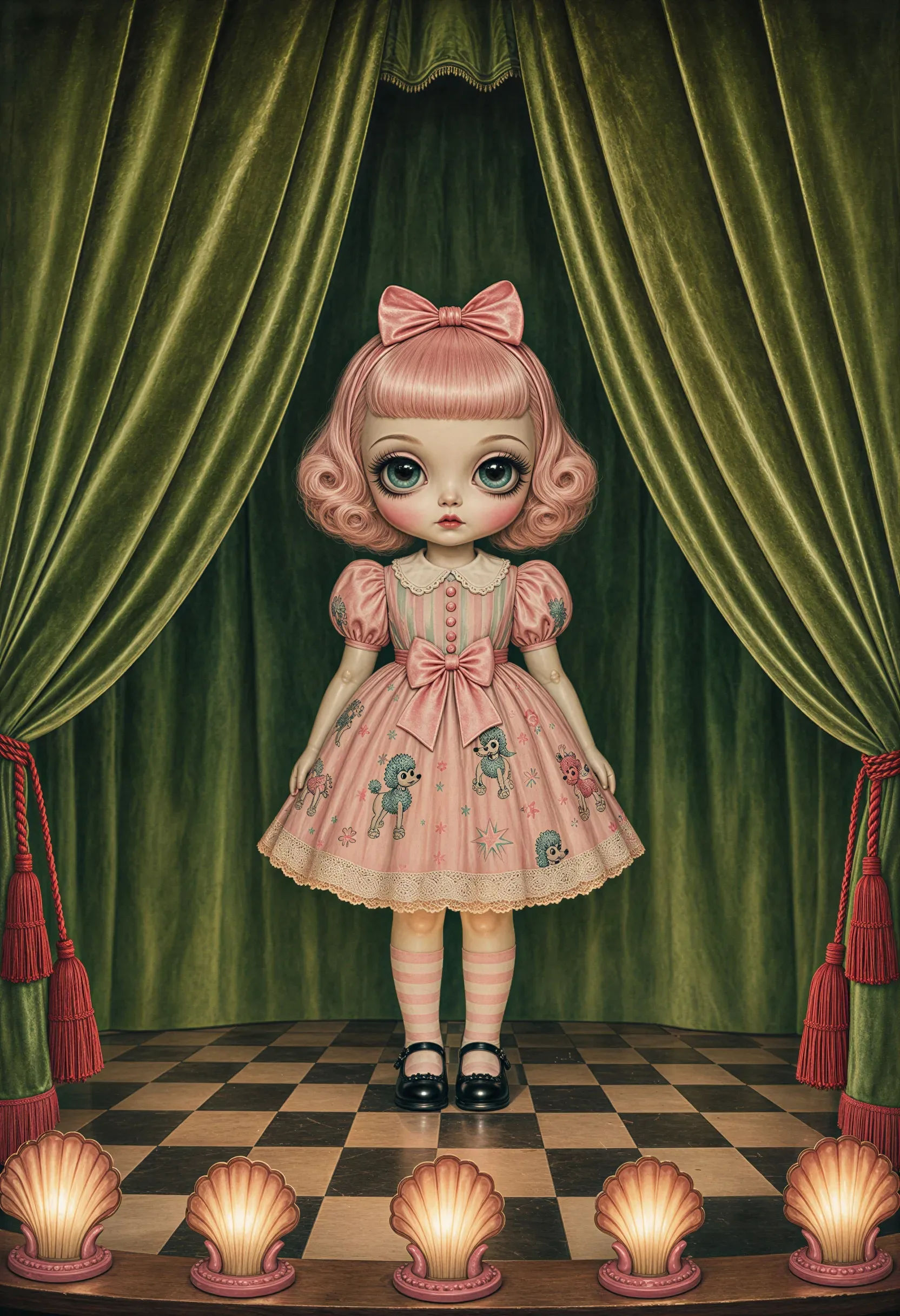 Old velvet stage with a single doll
