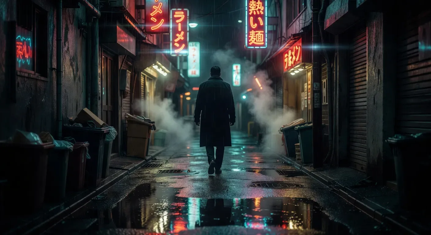 Wet-neon Tokyo alley reflected in oily asphalt