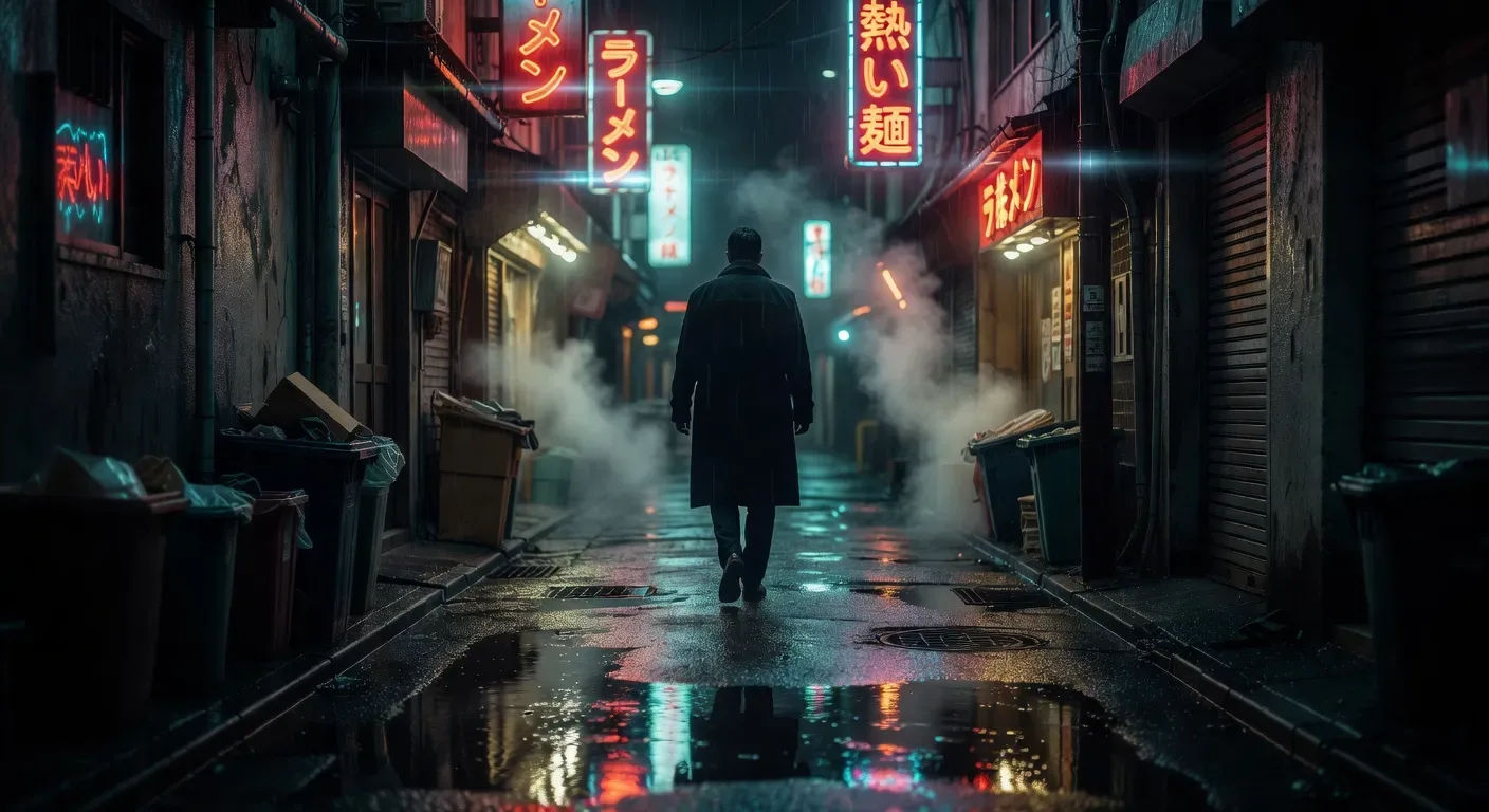 Wet-neon Tokyo alley reflected in oily asphalt
