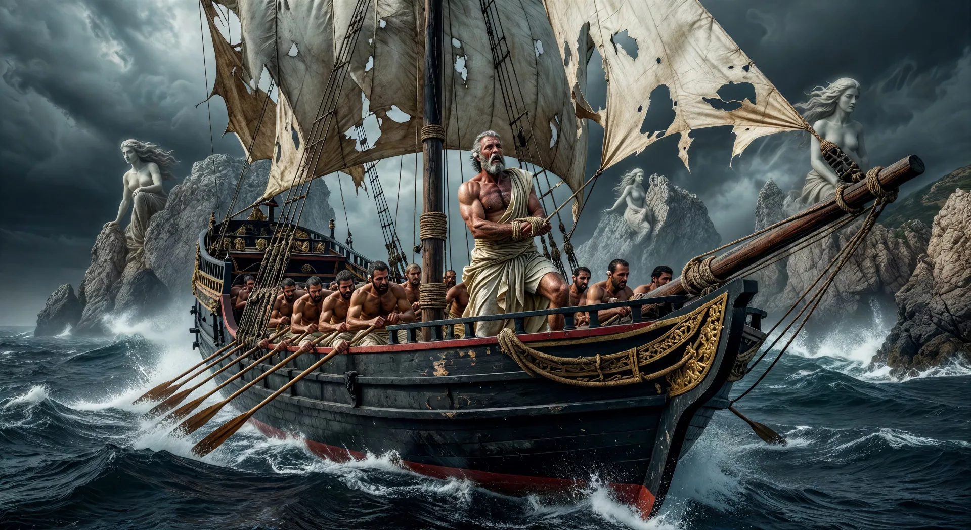 Odysseus tied to the mast for the Sirens