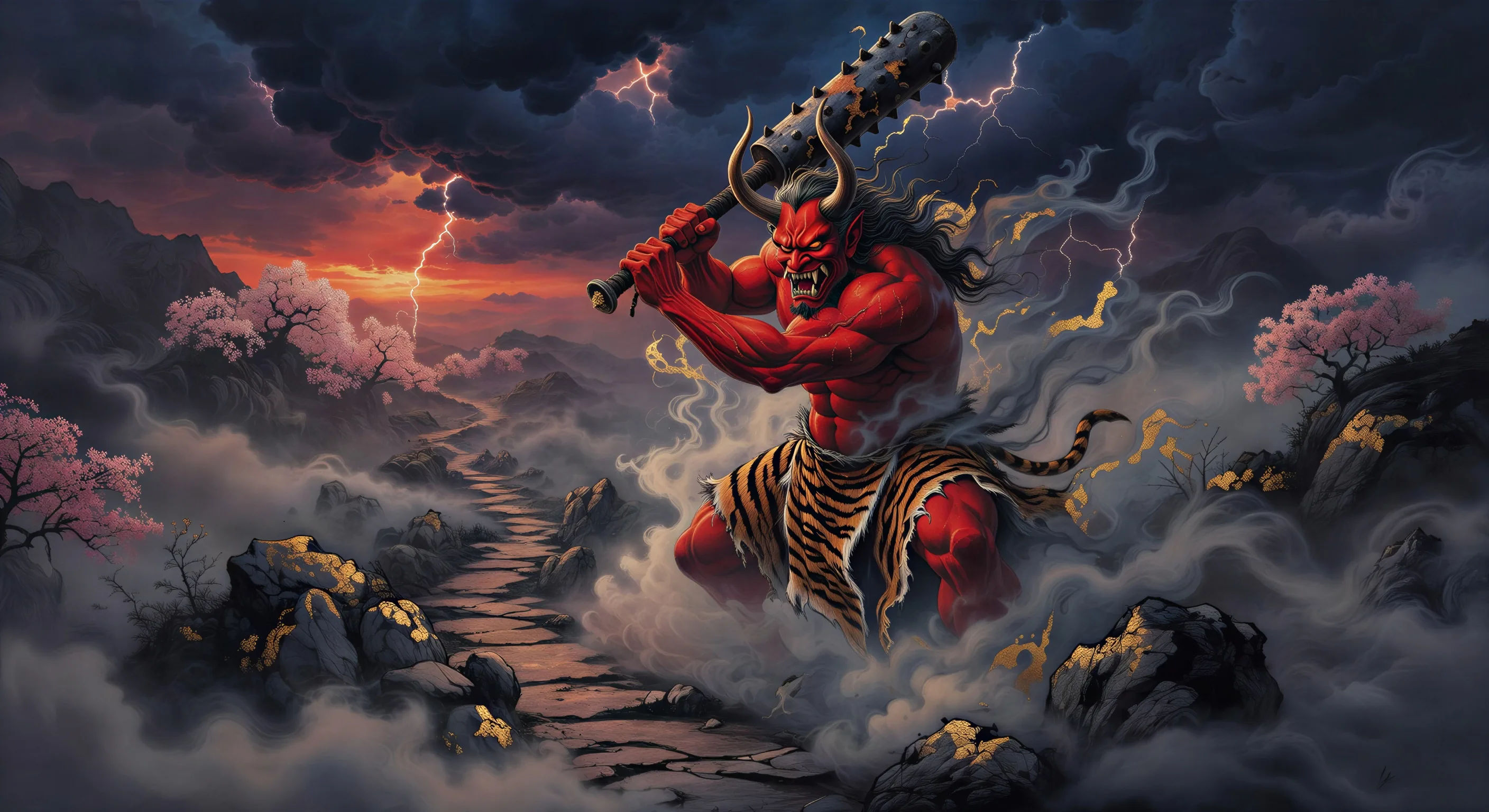 Oni vermelho na passagem de montanha