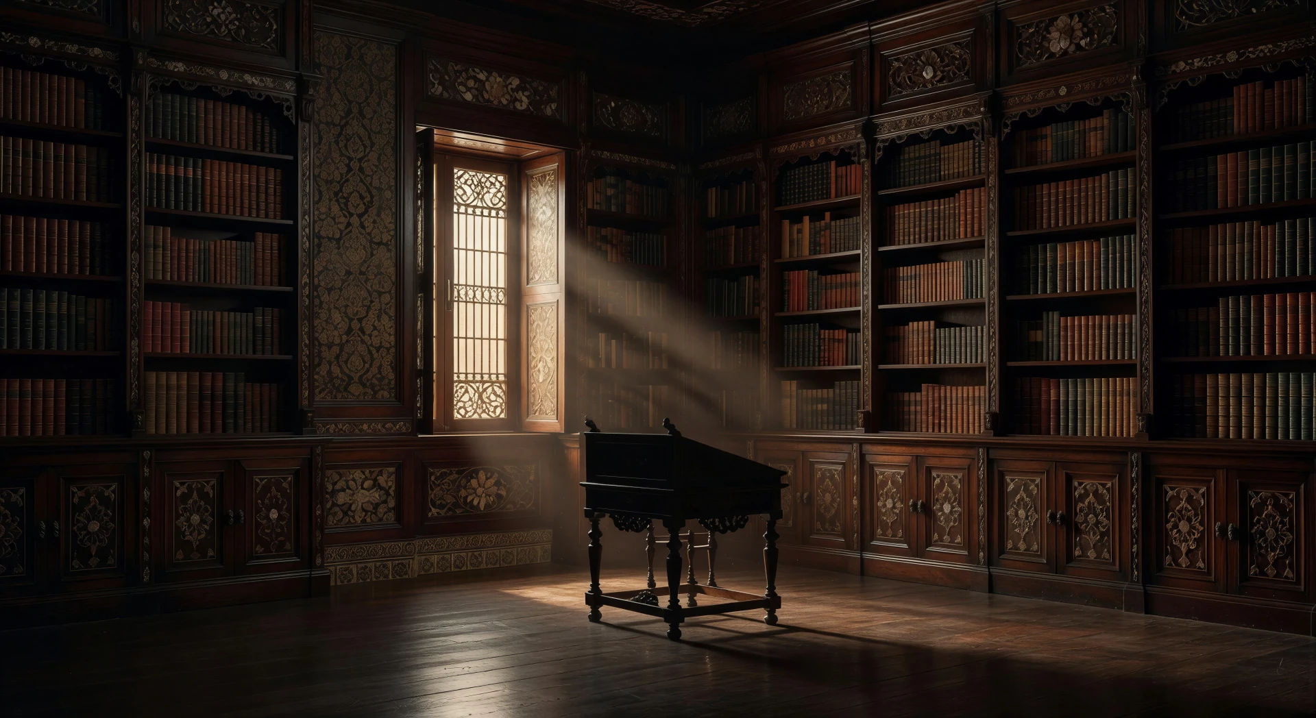 1930s mansion library at last light