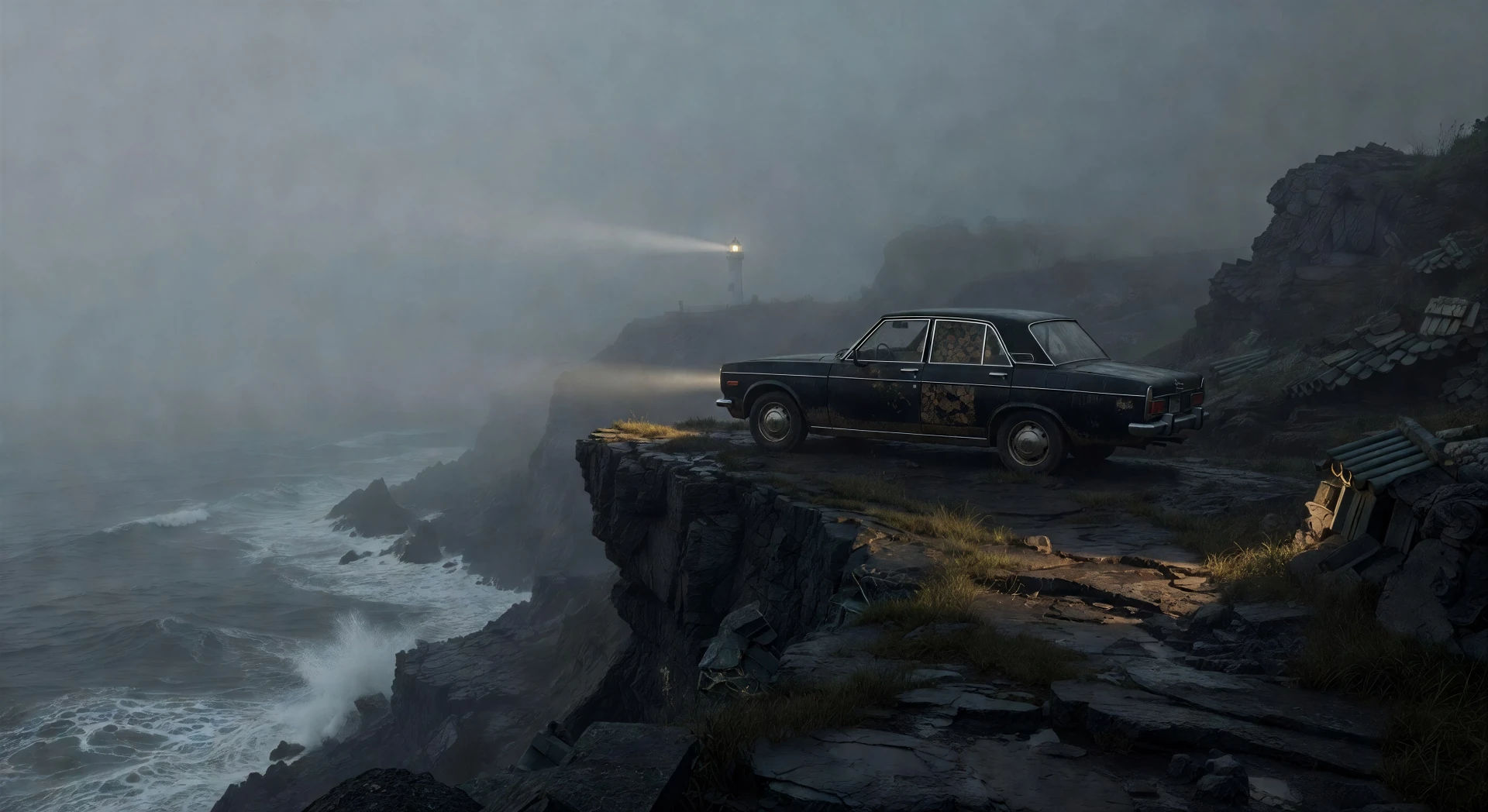 Foggy cliff-coast at dawn