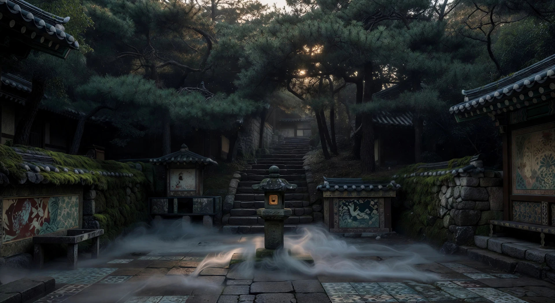 Mountain temple courtyard at first light