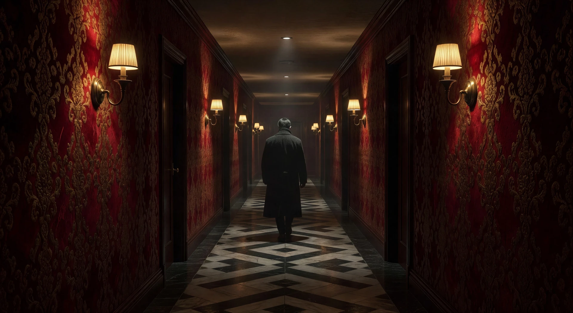 Wallpapered hotel corridor at midnight