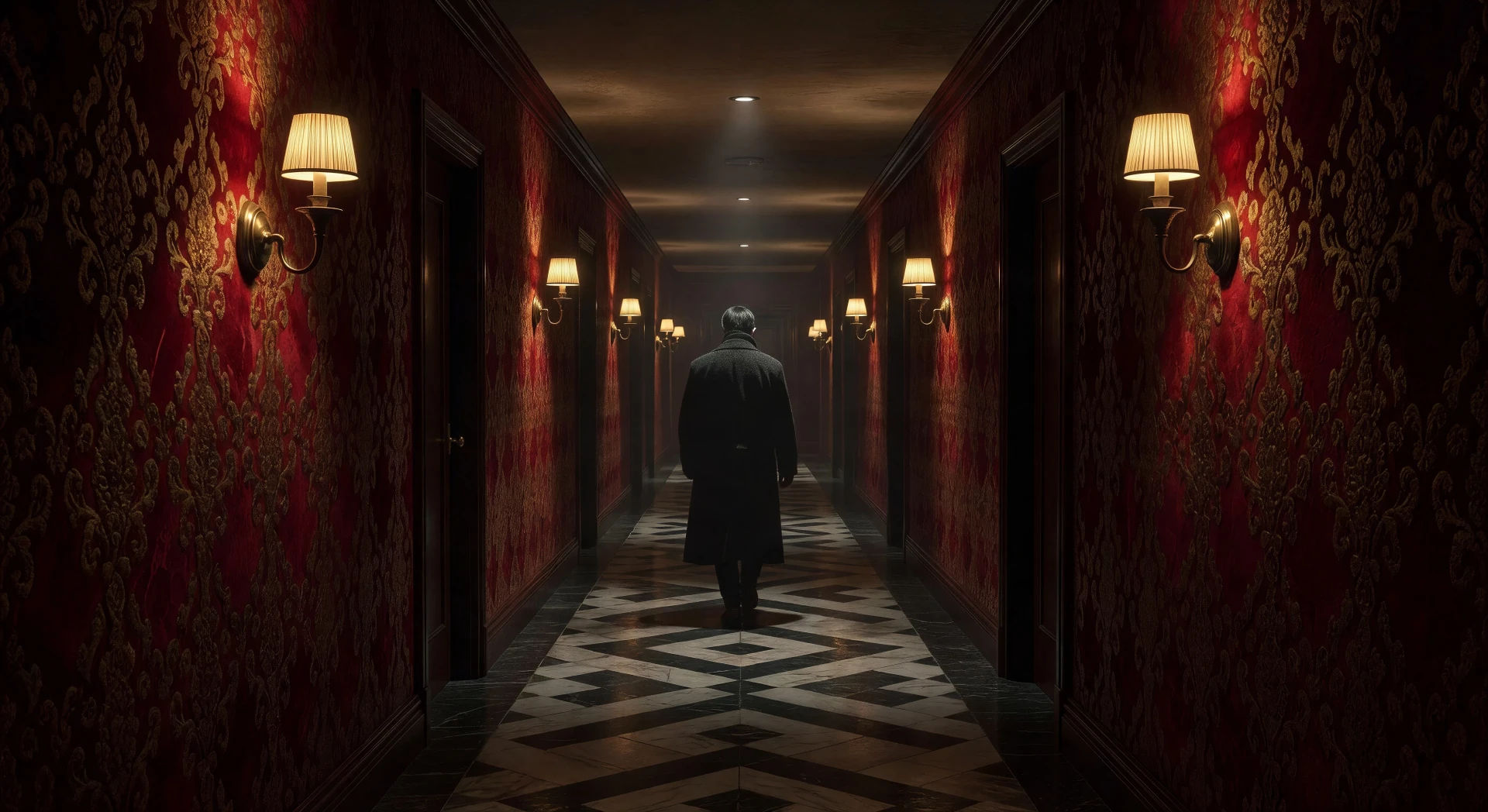 Wallpapered hotel corridor at midnight