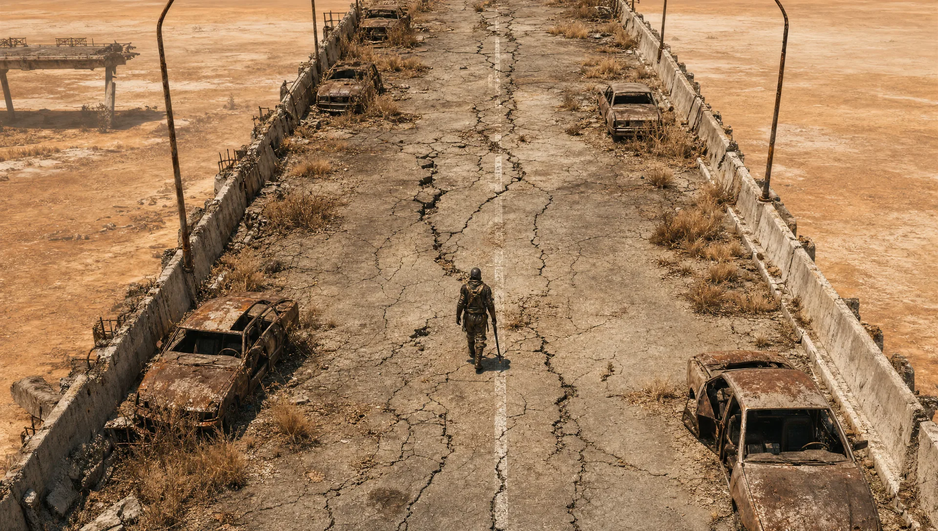 Lone road-warrior on a derelict overpass