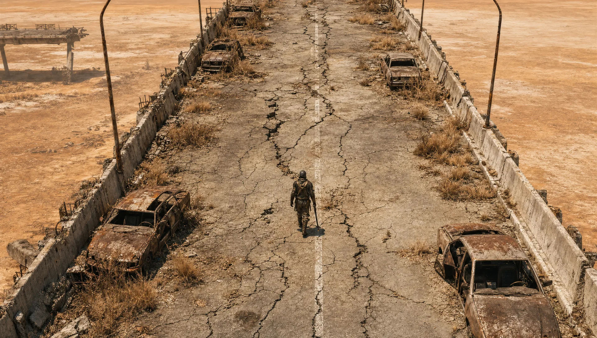 Sobrevivente solitário num viaduto abandonado