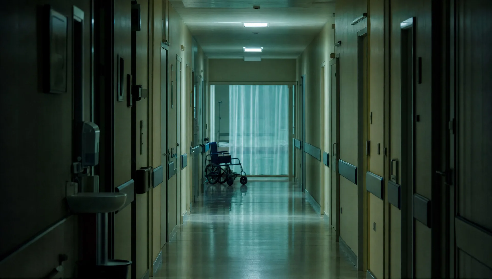 Empty fluorescent ward corridor at night