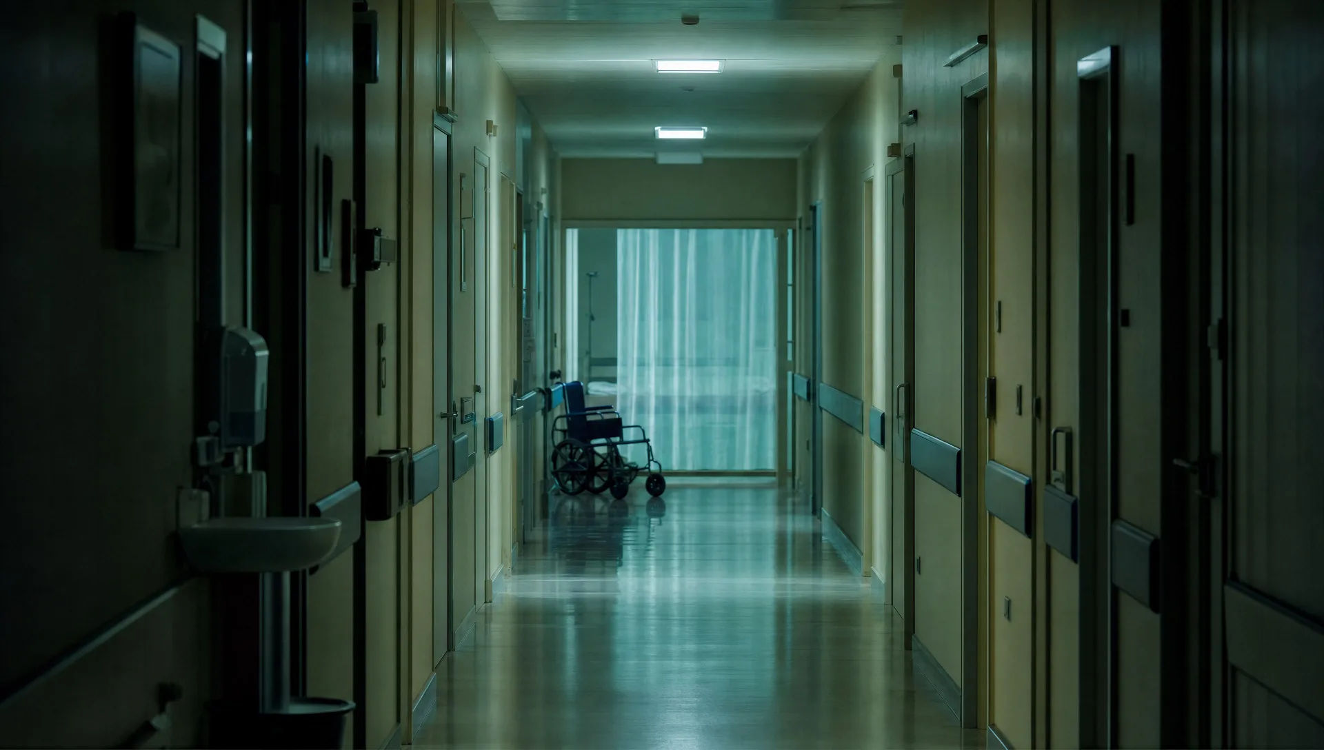 Pasillo de hospital vacío de noche
