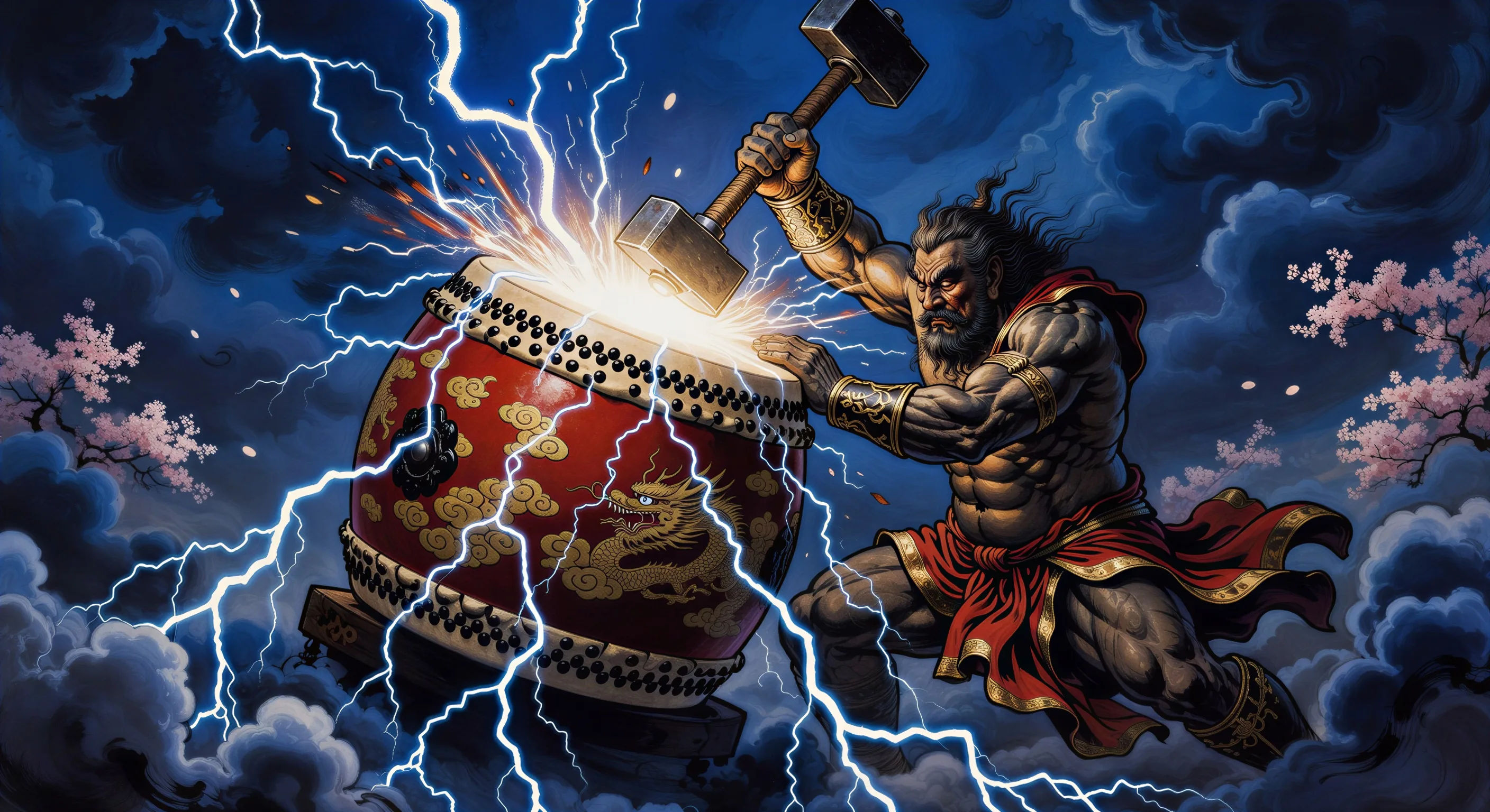 Raijin strikes the drum