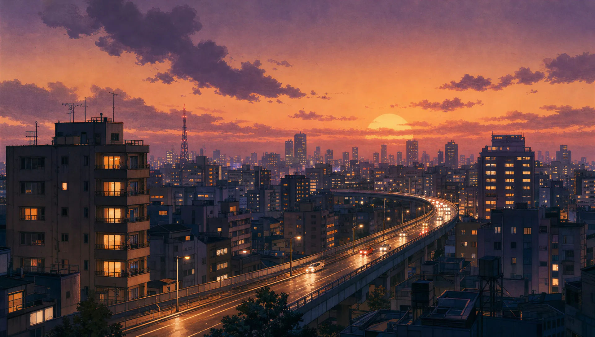 City-pop skyline at dusk