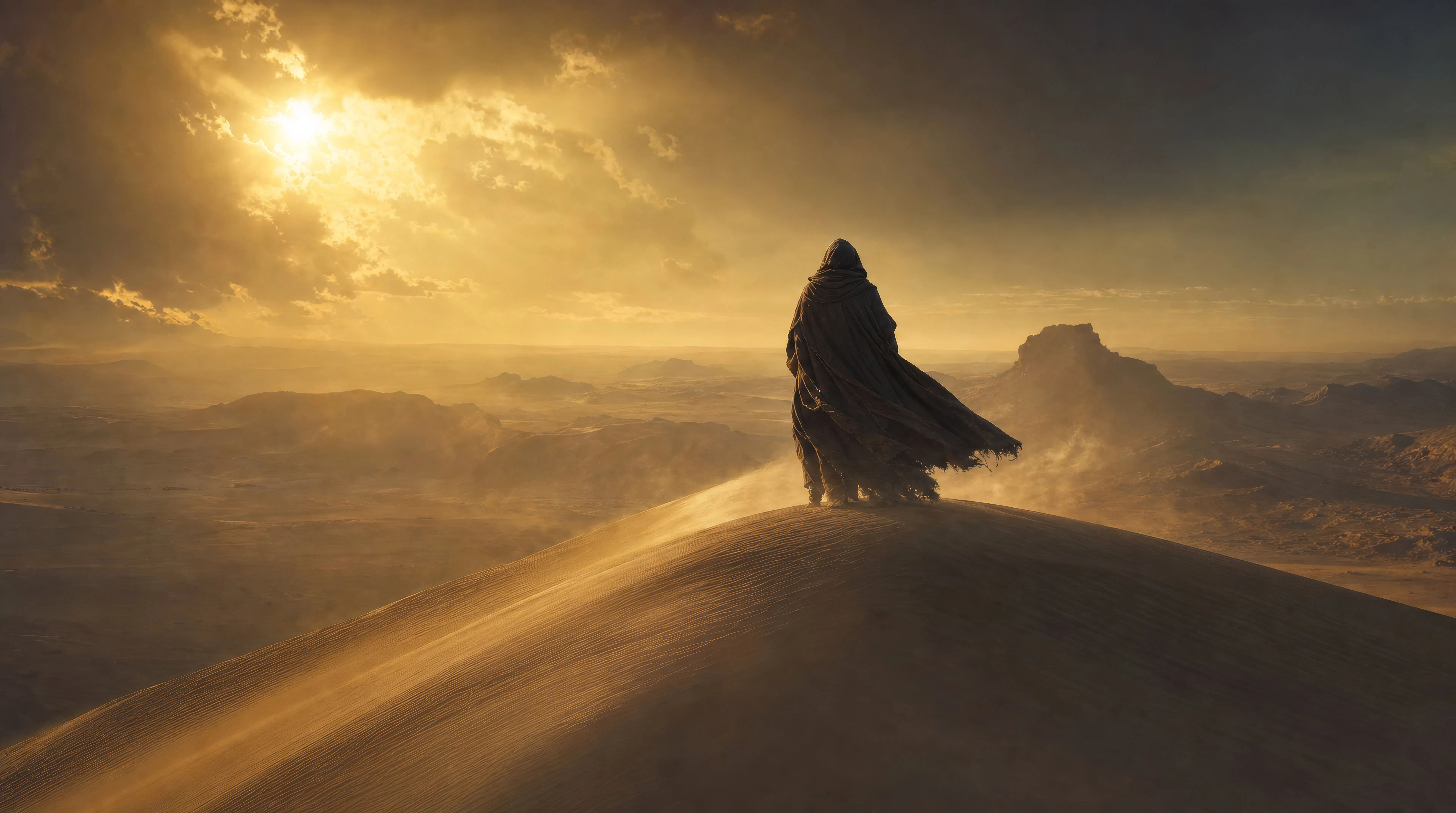 A lone figure on a dune ridge