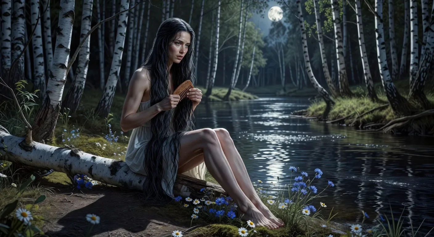 Rusalka combs wet hair in moonlight