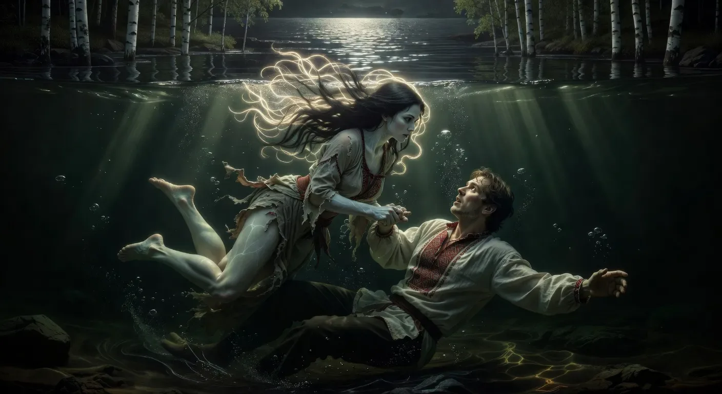 Rusalka draws a man under in a birch grove